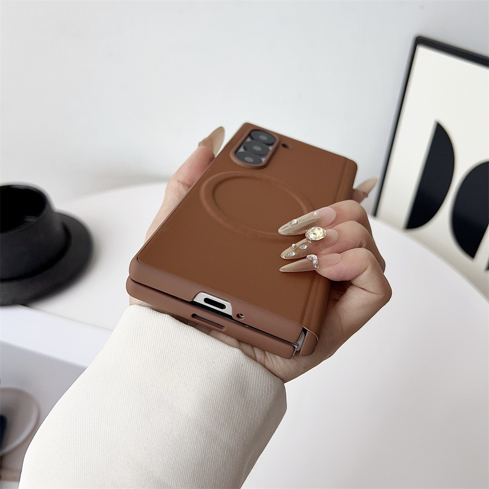 Compatible with Samsung Z Fold8/7 phone case 6/5 wireless charging magnetic suction plain leather textured center axis full coverage drop protection case