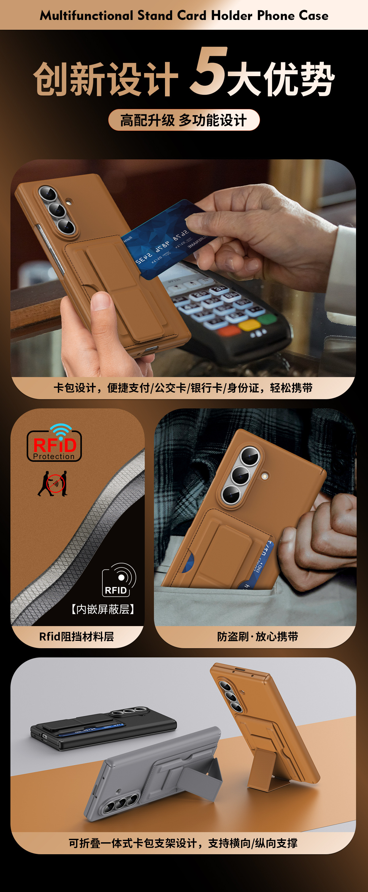 Compatible with Samsung Z Fold8/7 phone case, 6/5 SIM card holder, wrist strap, stand, vegan leather hinge, shockproof protective case.
