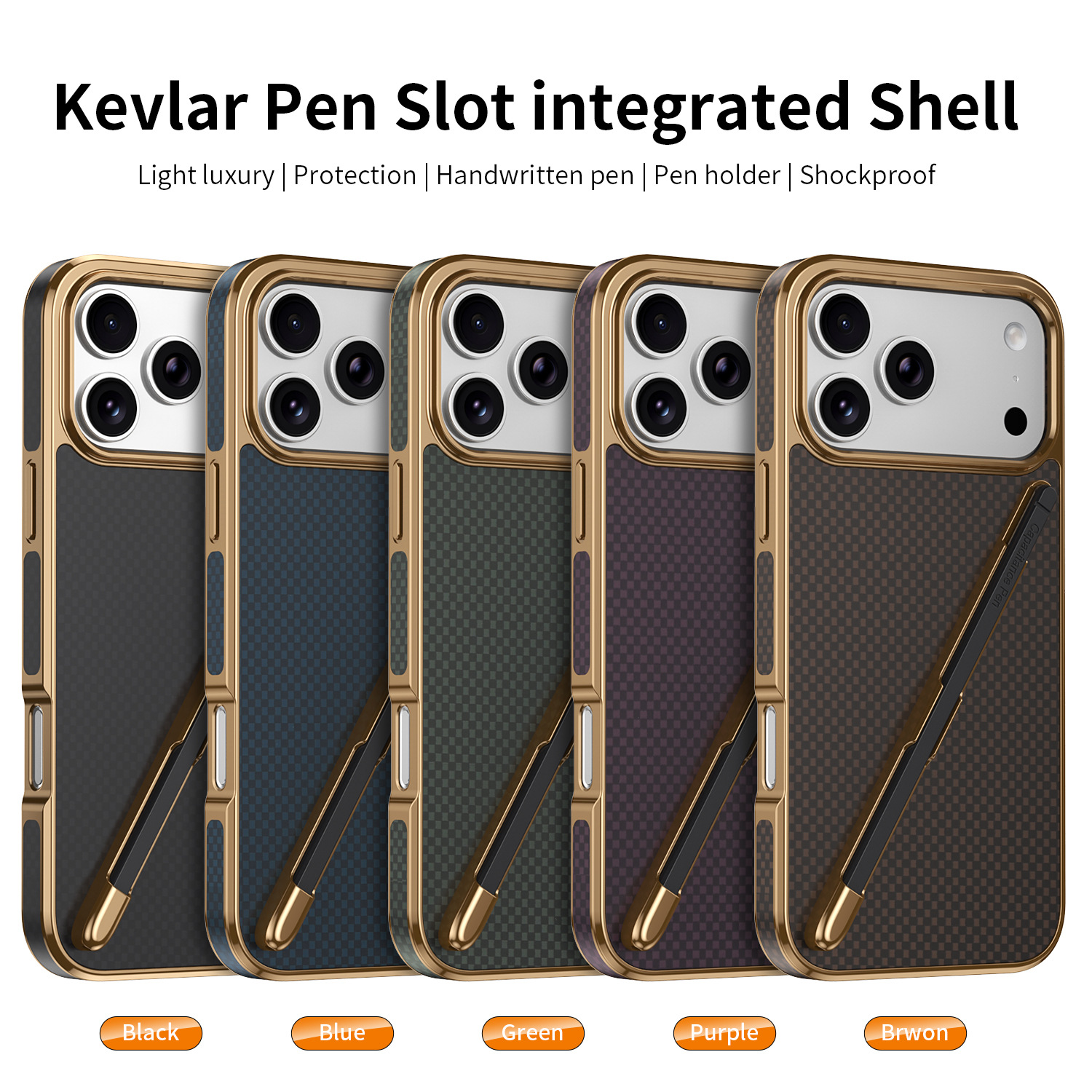Compatible with Apple iPhone 17 Pro Max, 16 Pro with Pen, 15 Electroplated Kevlar Texture, and 14 Pro Drop Protection Case