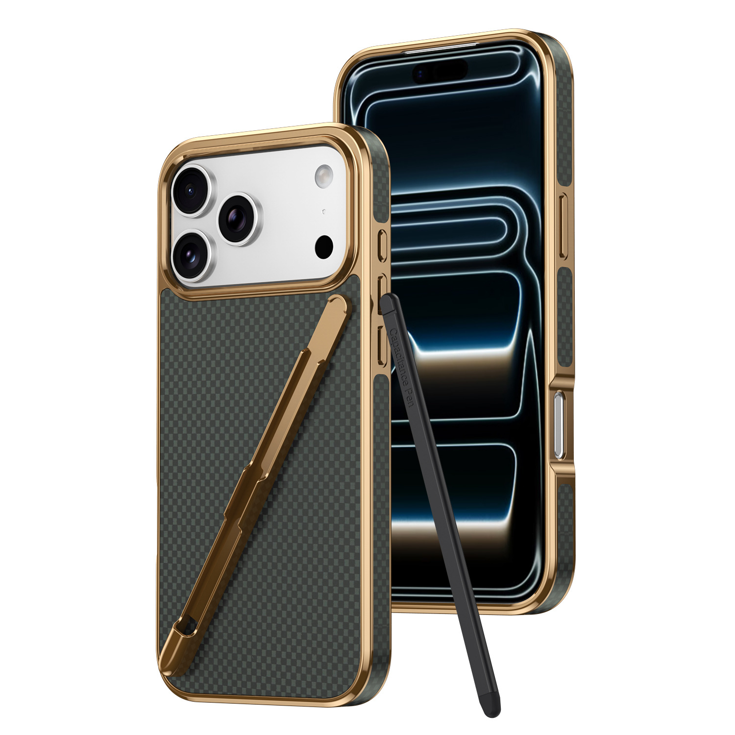 Compatible with Apple iPhone 17 Pro Max, 16 Pro with Pen, 15 Electroplated Kevlar Texture, and 14 Pro Drop Protection Case