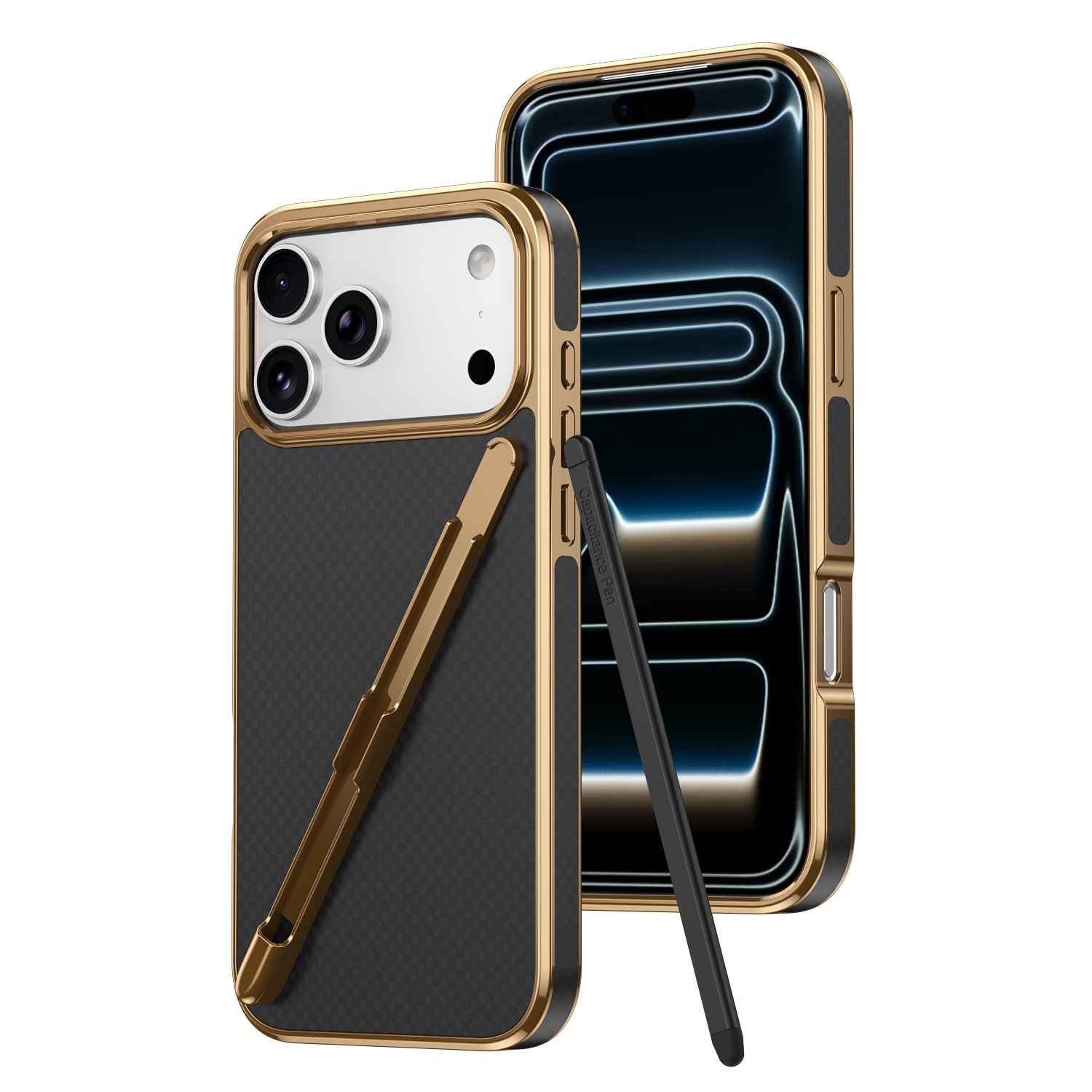 Compatible with Apple iPhone 17 Pro Max, 16 Pro with Pen, 15 Electroplated Kevlar Texture, and 14 Pro Drop Protection Case