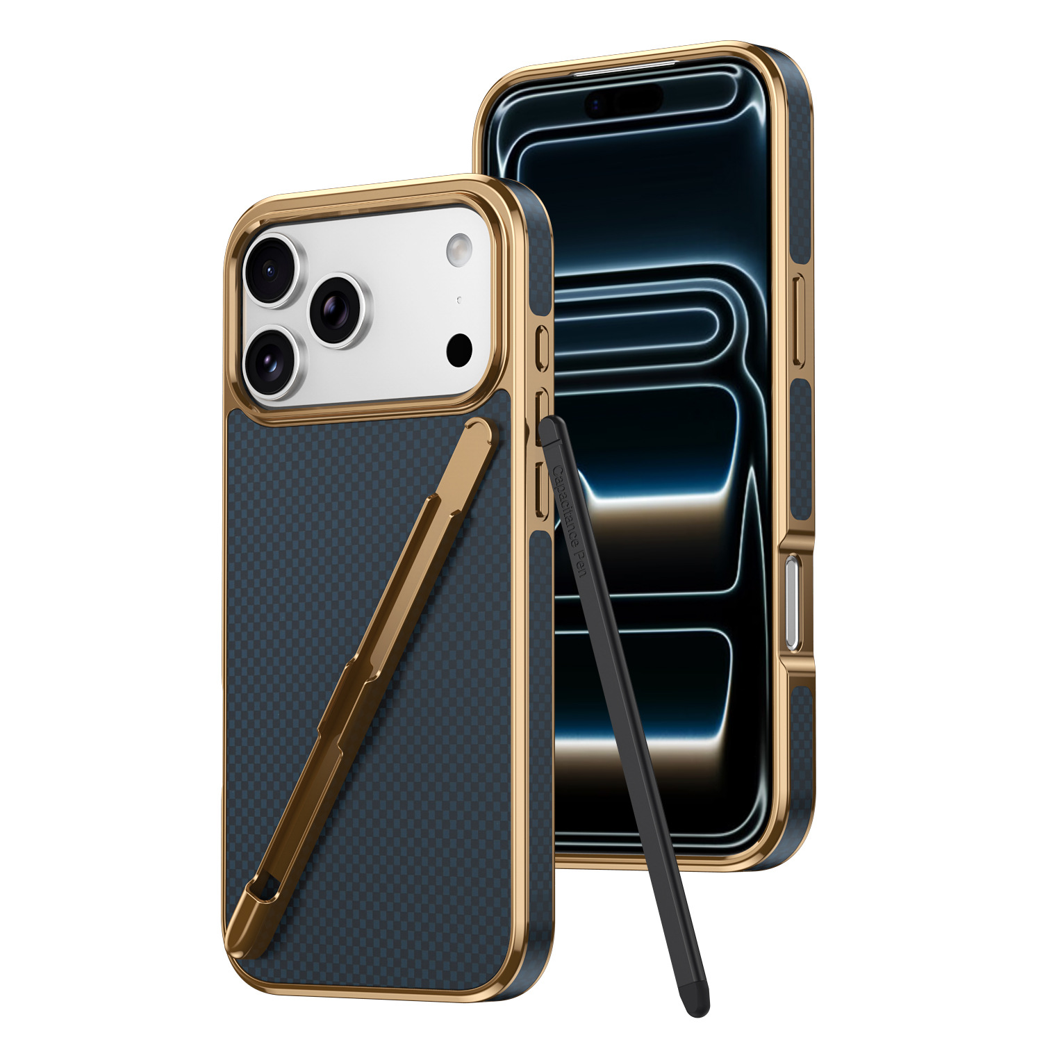 Compatible with Apple iPhone 17 Pro Max, 16 Pro with Pen, 15 Electroplated Kevlar Texture, and 14 Pro Drop Protection Case