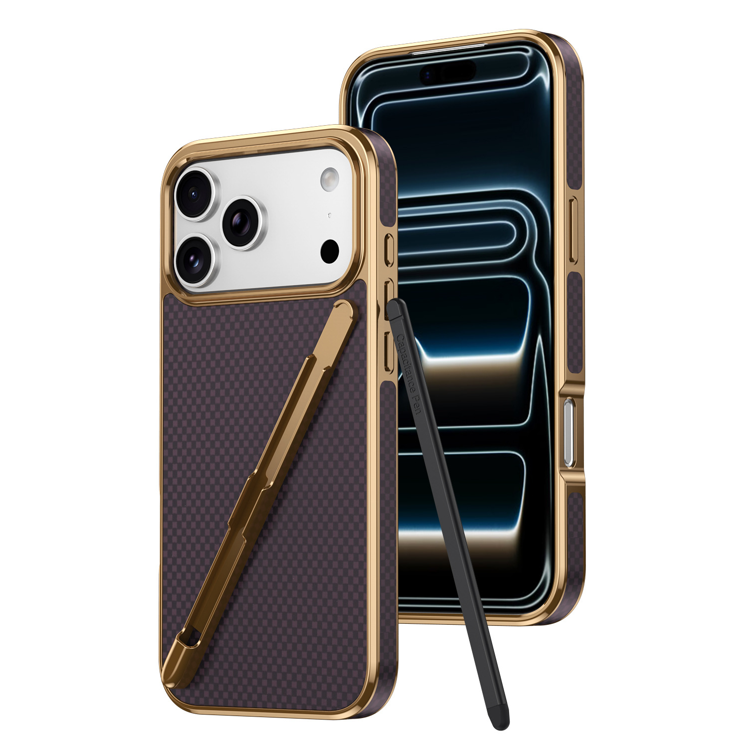 Compatible with Apple iPhone 17 Pro Max, 16 Pro with Pen, 15 Electroplated Kevlar Texture, and 14 Pro Drop Protection Case