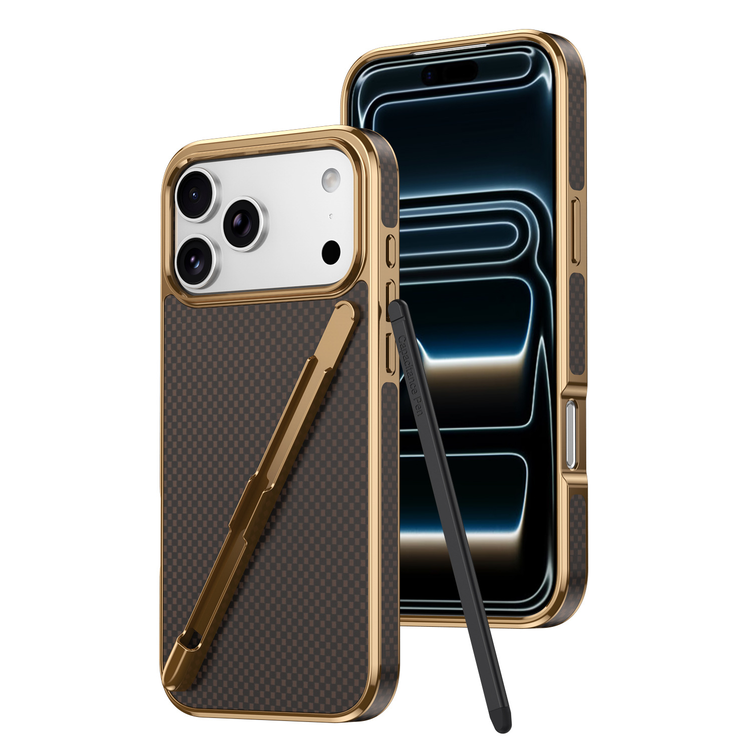 Compatible with Apple iPhone 17 Pro Max, 16 Pro with Pen, 15 Electroplated Kevlar Texture, and 14 Pro Drop Protection Case