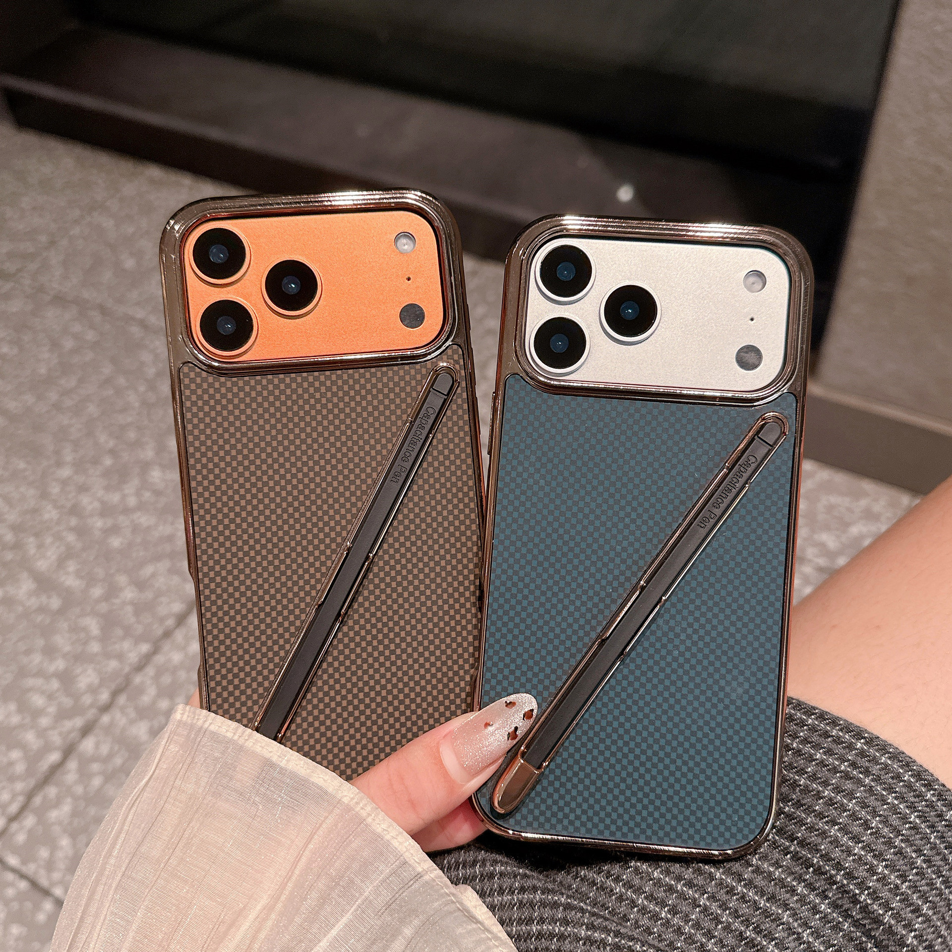 Compatible with Apple iPhone 17 Pro Max, 16 Pro with Pen, 15 Electroplated Kevlar Texture, and 14 Pro Drop Protection Case