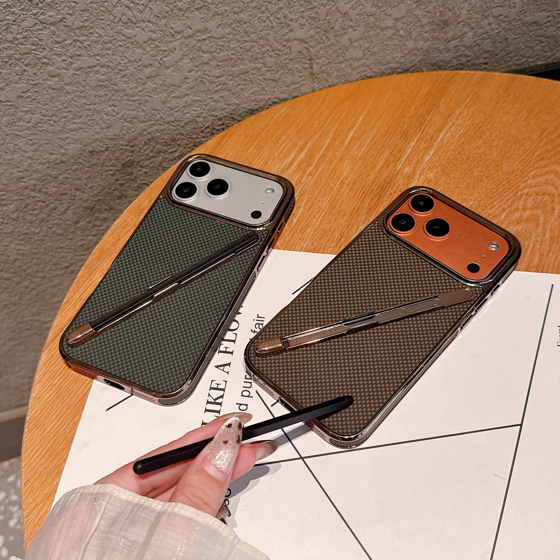 Compatible with Apple iPhone 17 Pro Max, 16 Pro with Pen, 15 Electroplated Kevlar Texture, and 14 Pro Drop Protection Case