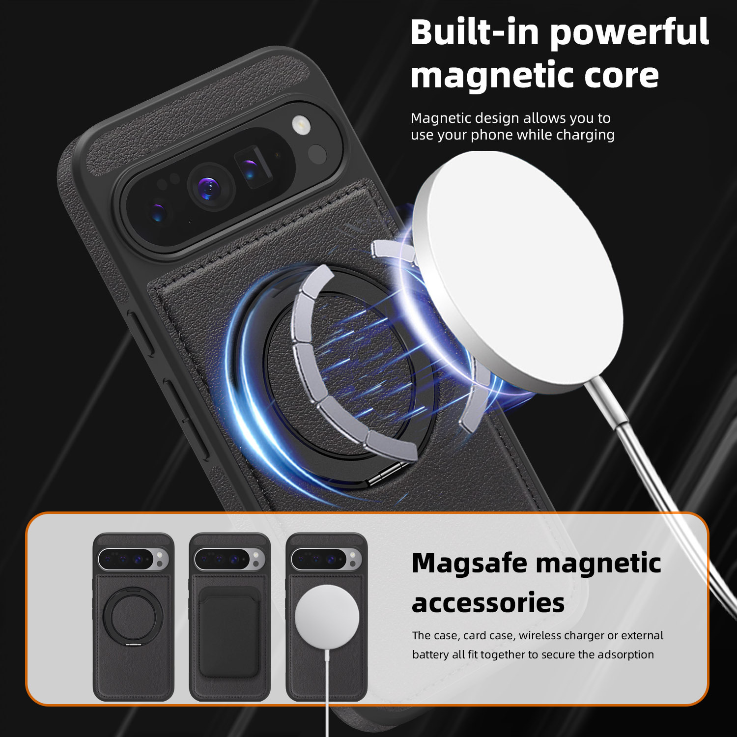 Compatible with Google Pixel 10 phone case, PIXEL 9proXL magnetic rotating stand, textured leather shockproof protective case.