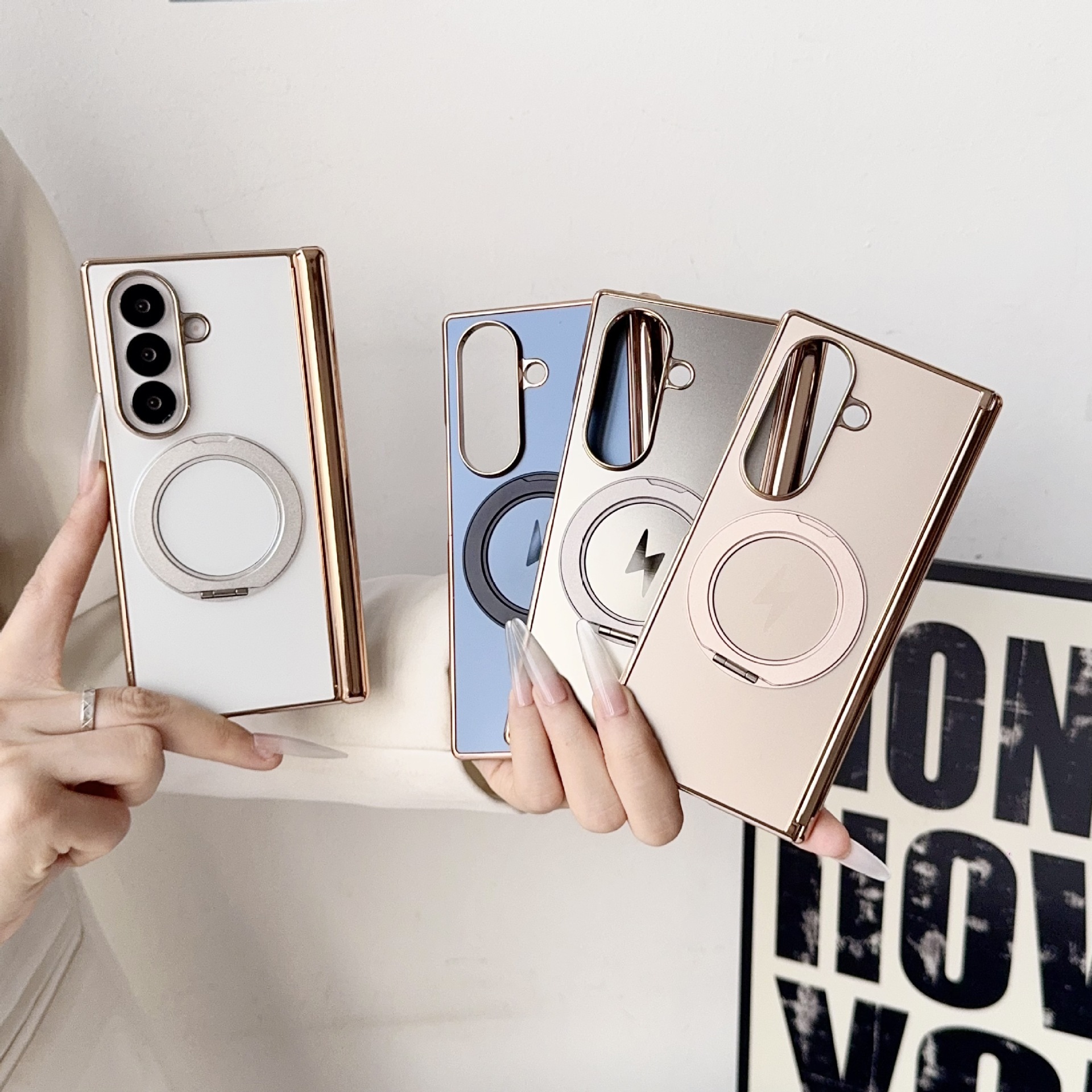 Samsung ZFold8 phone case, 7/6 dual-axis AG electroplated TriFold magnetic rotating stand folding case