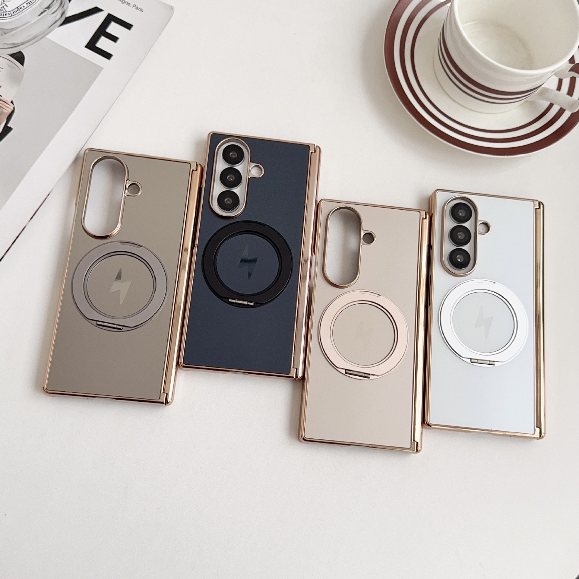 Samsung ZFold8 phone case, 7/6 dual-axis AG electroplated TriFold magnetic rotating stand folding case