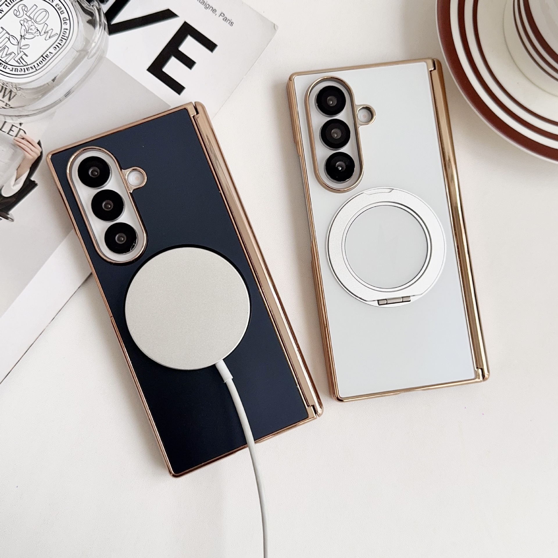 Samsung ZFold8 phone case, 7/6 dual-axis AG electroplated TriFold magnetic rotating stand folding case