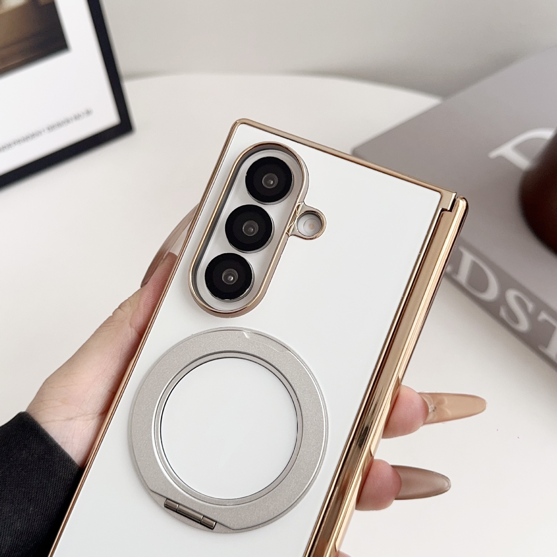 Samsung ZFold8 phone case, 7/6 dual-axis AG electroplated TriFold magnetic rotating stand folding case