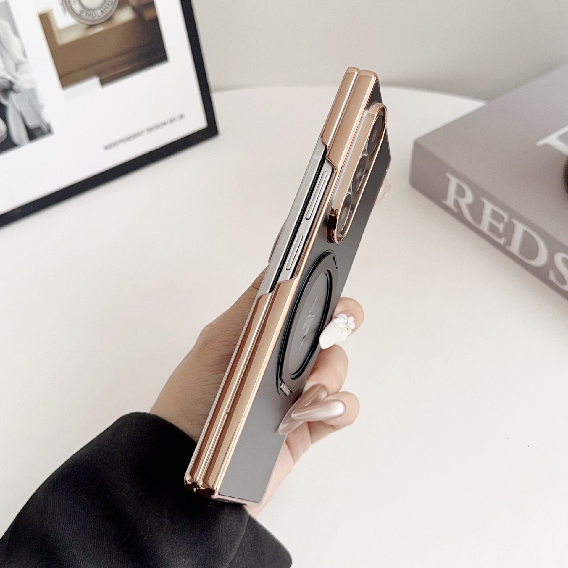 Samsung ZFold8 phone case, 7/6 dual-axis AG electroplated TriFold magnetic rotating stand folding case
