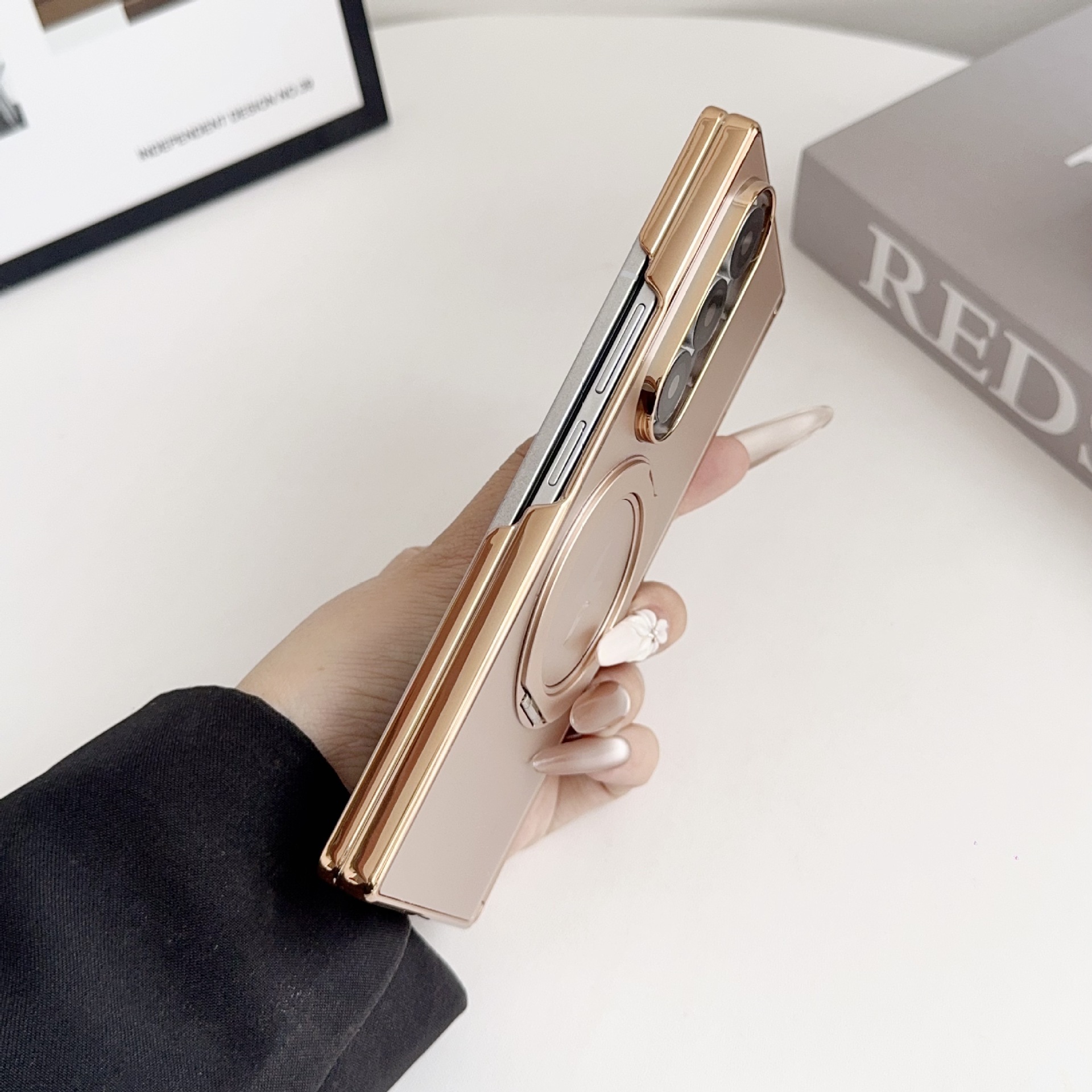 Samsung ZFold8 phone case, 7/6 dual-axis AG electroplated TriFold magnetic rotating stand folding case