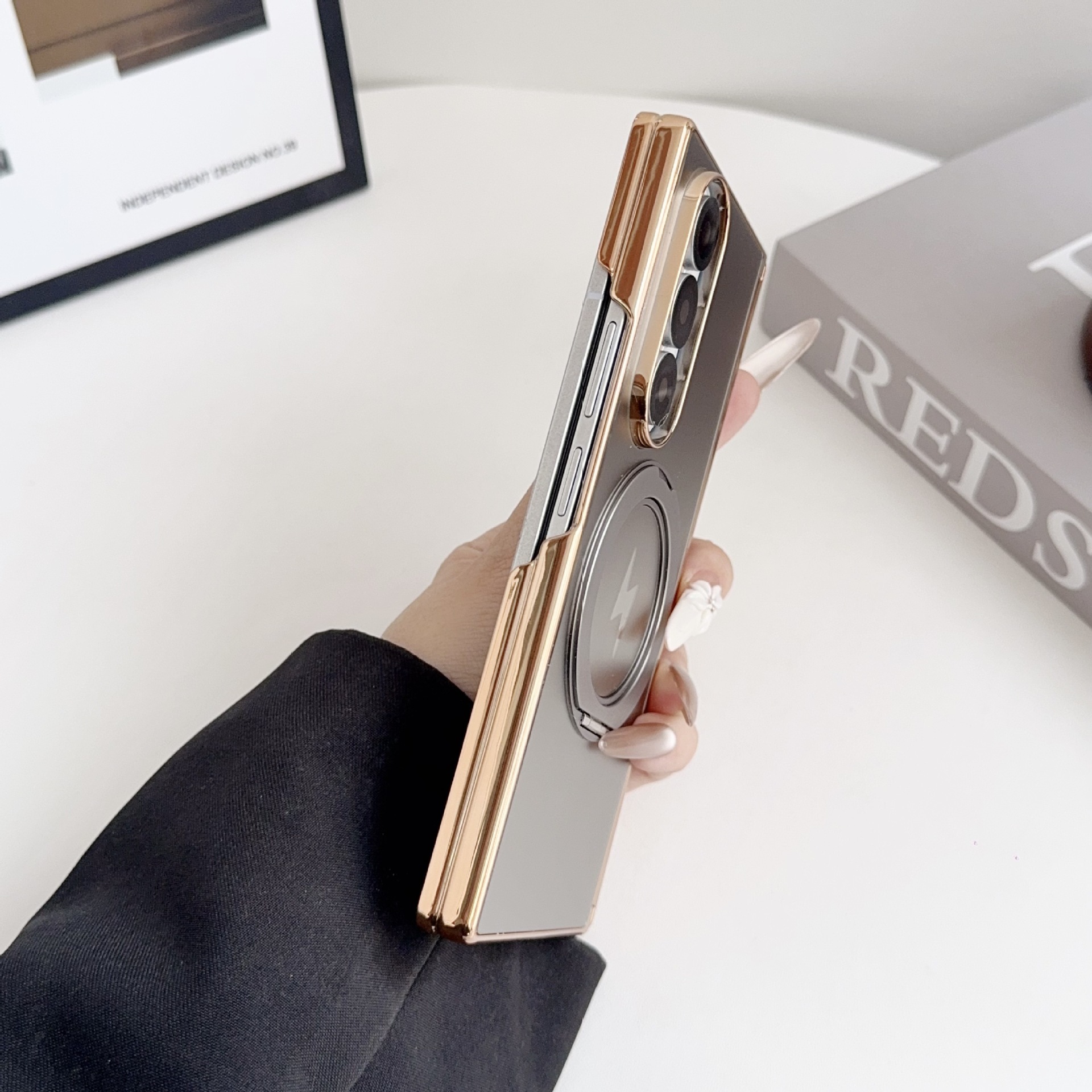 Samsung ZFold8 phone case, 7/6 dual-axis AG electroplated TriFold magnetic rotating stand folding case
