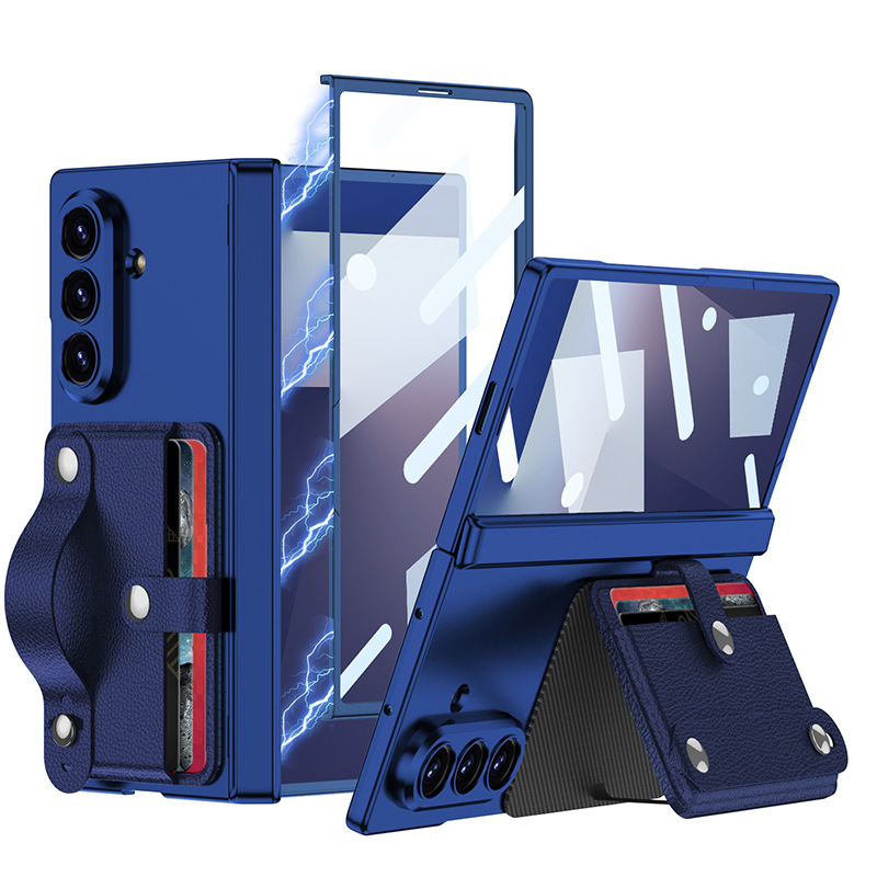 Compatible with Samsung Z Fold7 phone case, card holder, card holder, wrist strap, magnetic hinge, full-coverage protective case