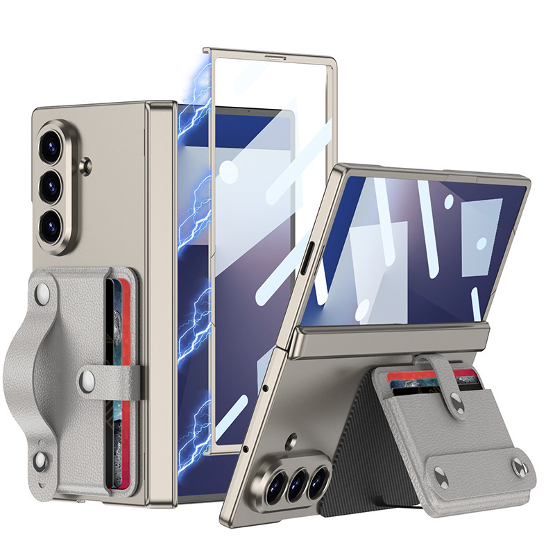 Compatible with Samsung Z Fold7 phone case, card holder, card holder, wrist strap, magnetic hinge, full-coverage protective case
