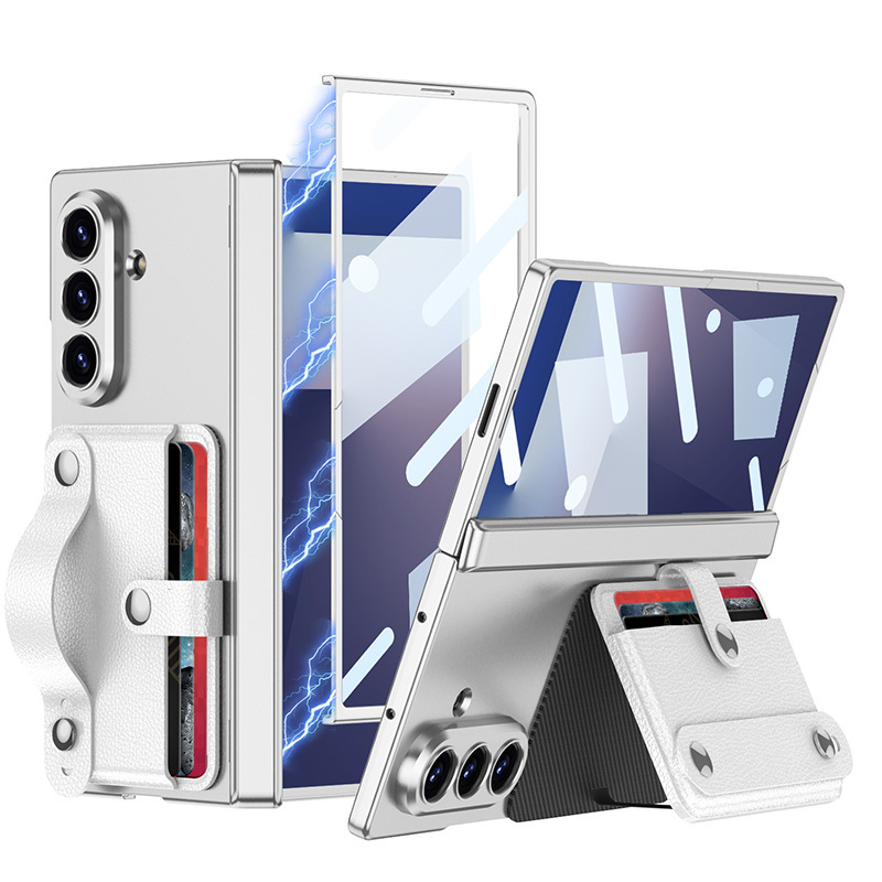 Compatible with Samsung Z Fold7 phone case, card holder, card holder, wrist strap, magnetic hinge, full-coverage protective case