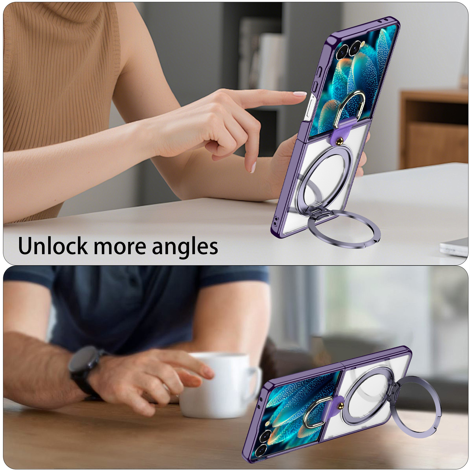 Compatible with Samsung Z Flip7 phone case 6/5 transparent electroplated wireless charging magnetic rotating stand ring protector