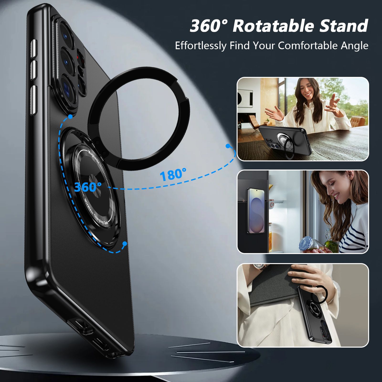 Compatible with Samsung S26 Ultra phone case, magnetic 360° rotating stand, S26 Plus full-coverage drop-proof protective case