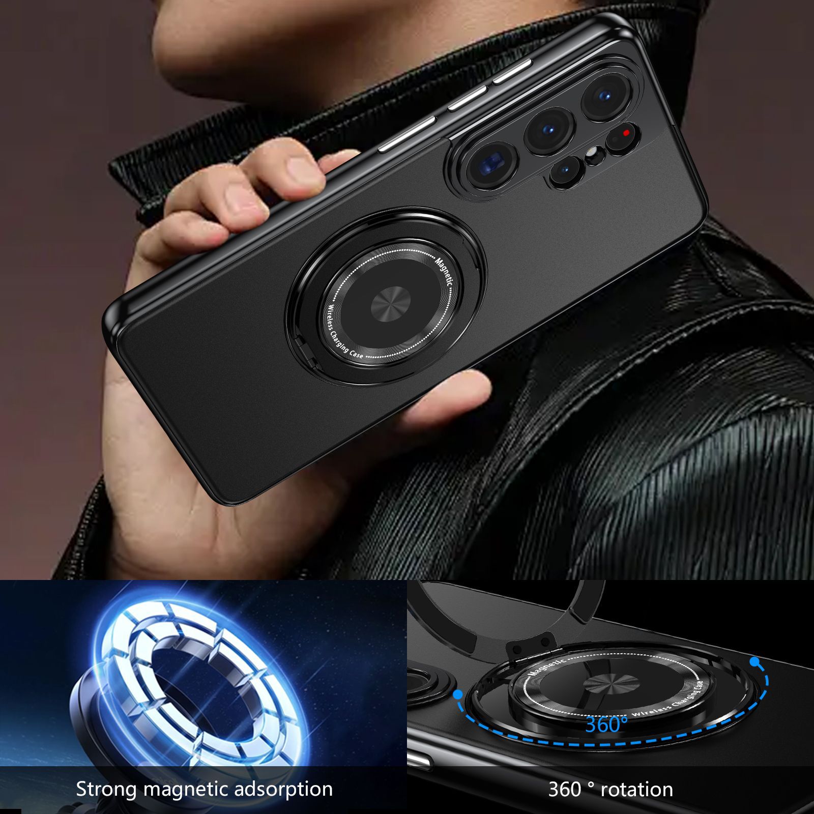 Compatible with Samsung S26 Ultra phone case, magnetic 360° rotating stand, S26 Plus full-coverage drop-proof protective case