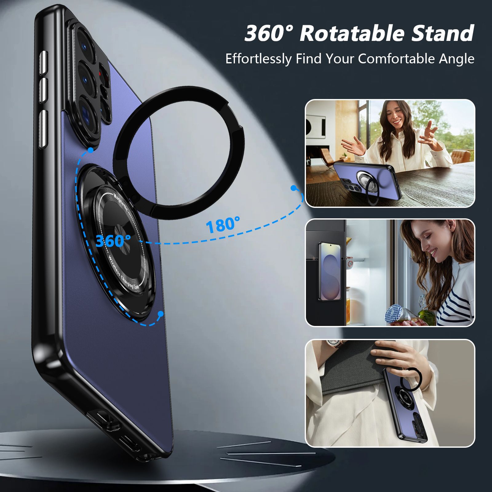 Compatible with Samsung S26 Ultra phone case, magnetic 360° rotating stand, S26 Plus full-coverage drop-proof protective case