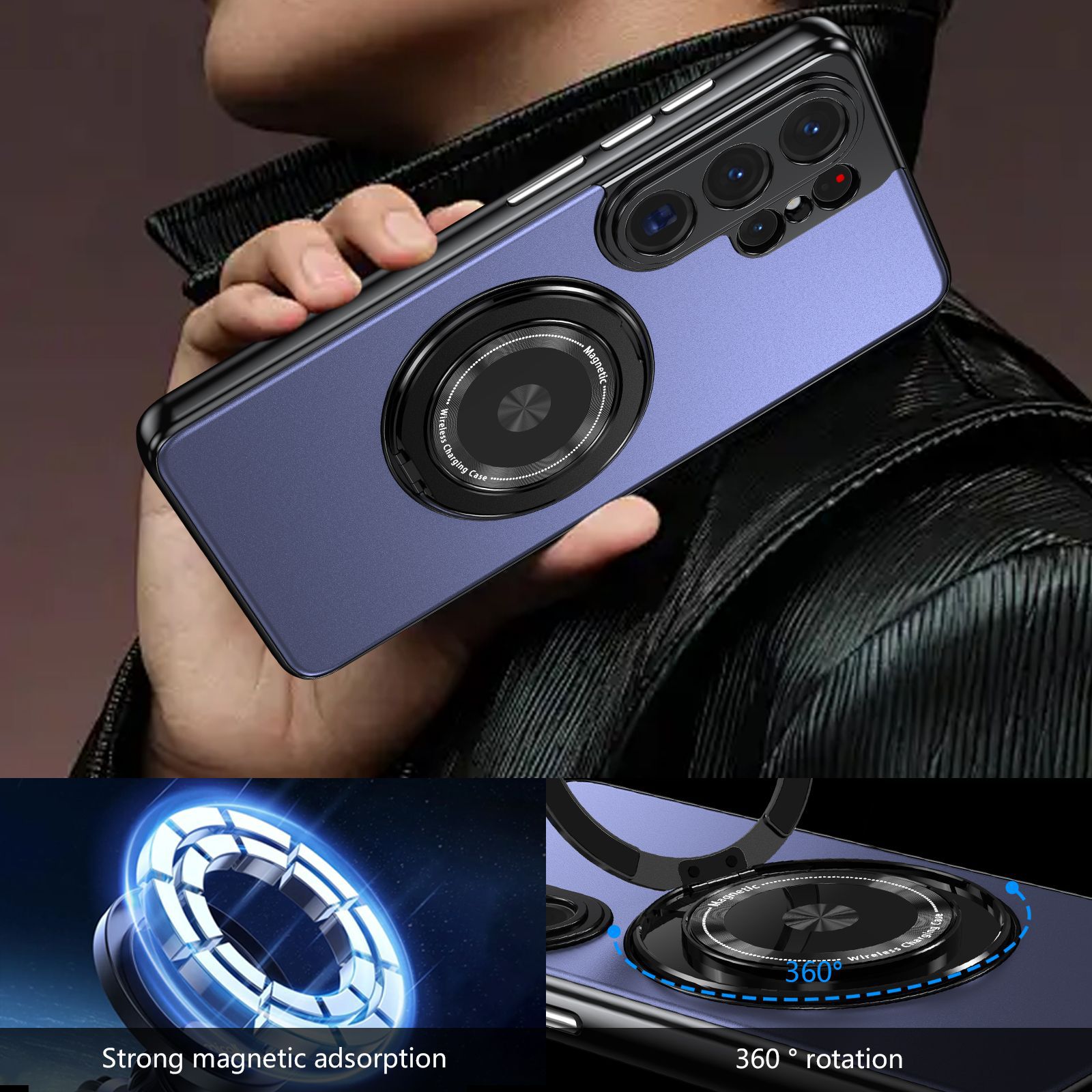 Compatible with Samsung S26 Ultra phone case, magnetic 360° rotating stand, S26 Plus full-coverage drop-proof protective case