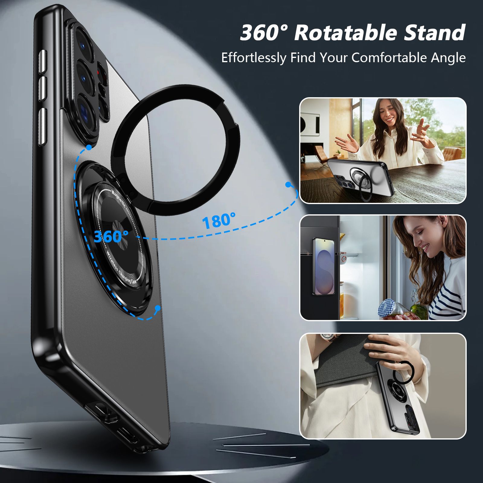 Compatible with Samsung S26 Ultra phone case, magnetic 360° rotating stand, S26 Plus full-coverage drop-proof protective case