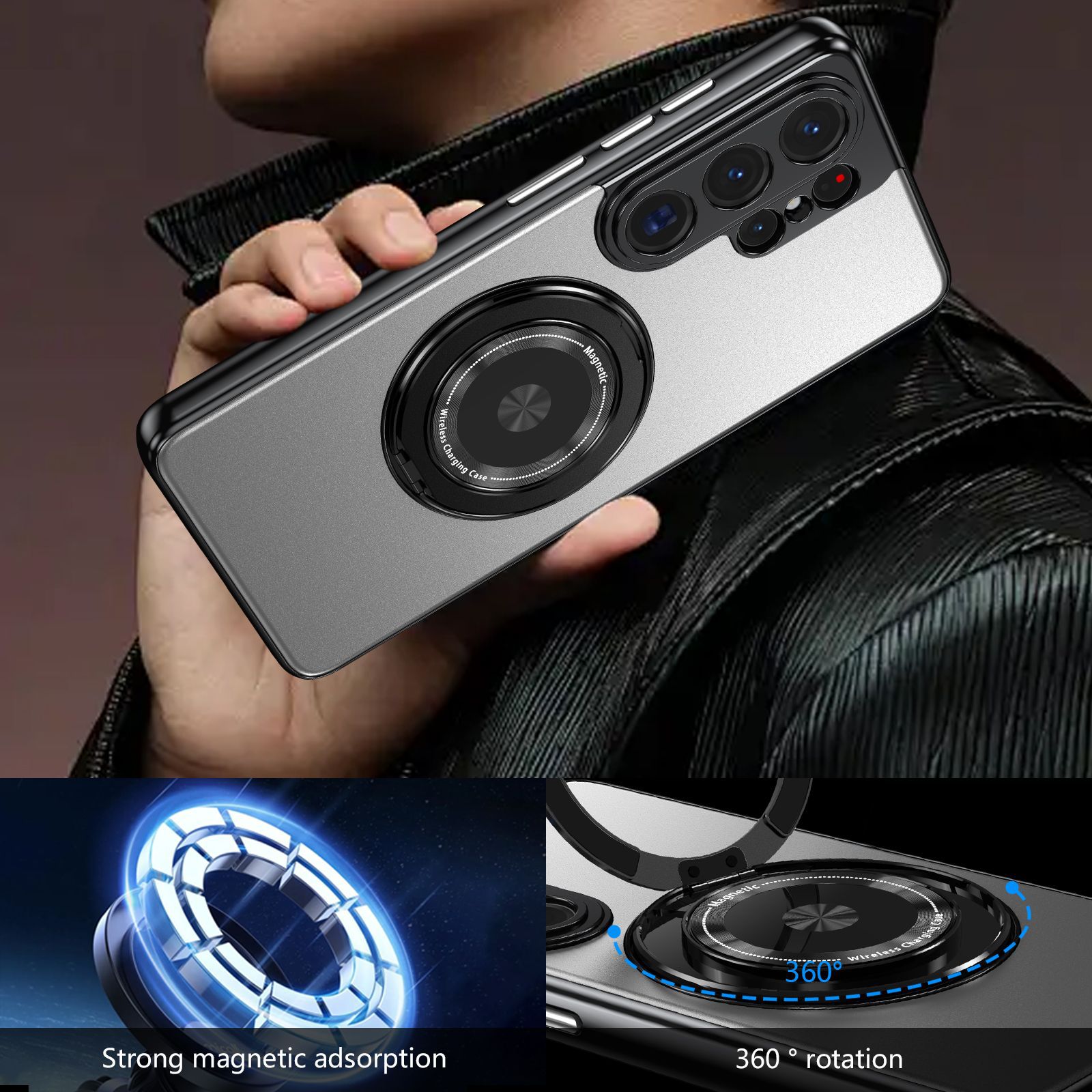 Compatible with Samsung S26 Ultra phone case, magnetic 360° rotating stand, S26 Plus full-coverage drop-proof protective case