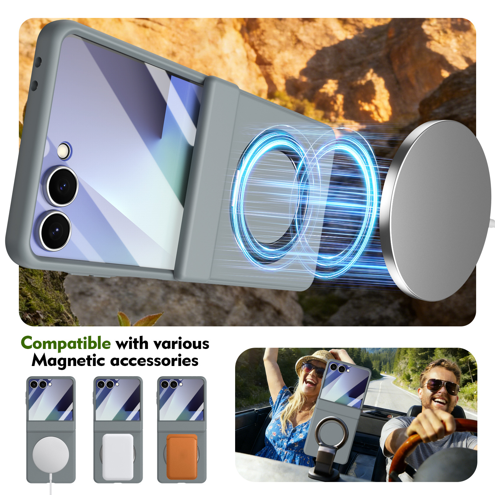 Compatible with Samsung Z Flip 8/7 phone case, 6/5 wireless charging, magnetic 360° rotating stand, case, screen protector, hinge, full coverage.
