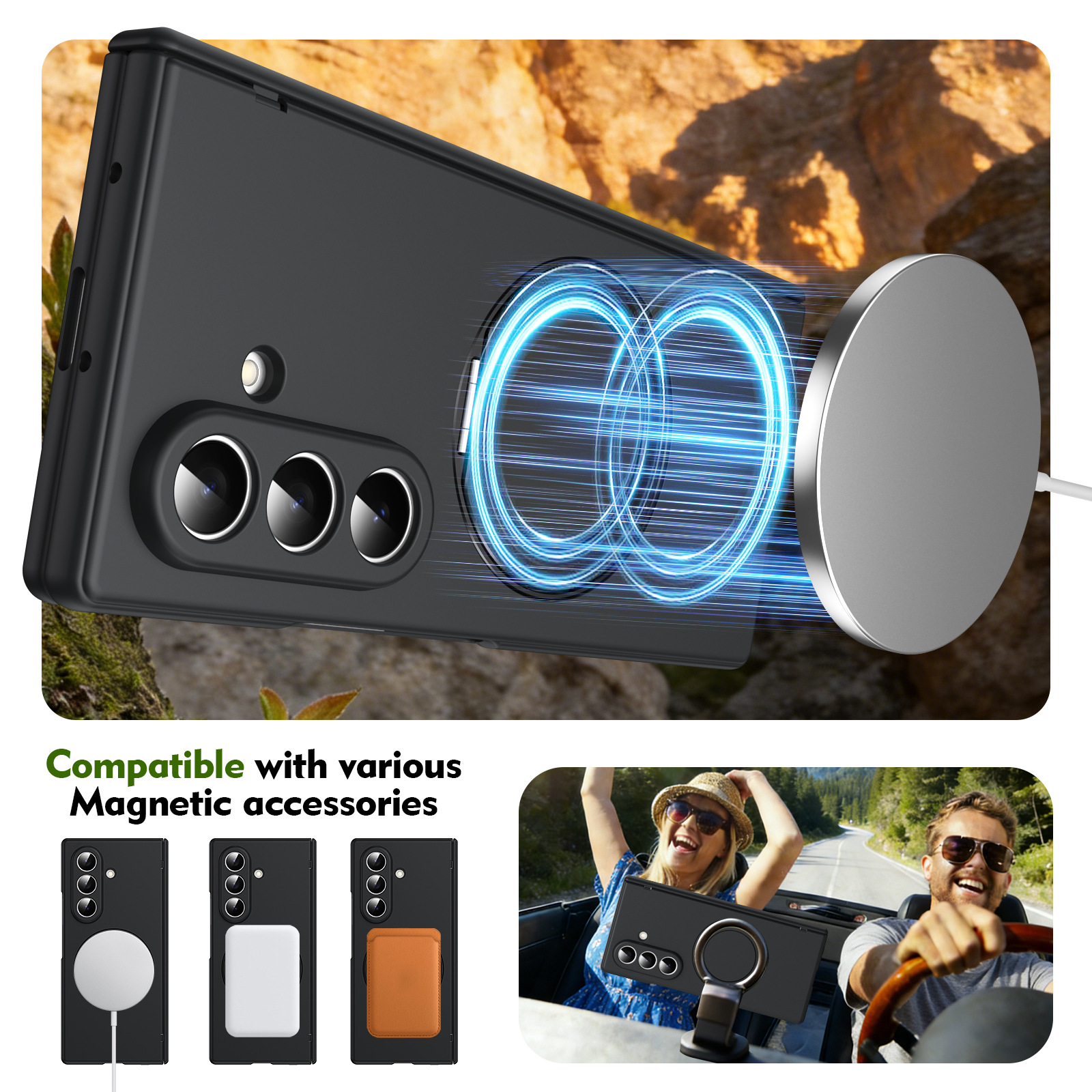 Compatible with Samsung Fold8/7 phone case, 6/5 wireless charging, magnetic swiveling stand, case film, hinge, full-coverage protective case.