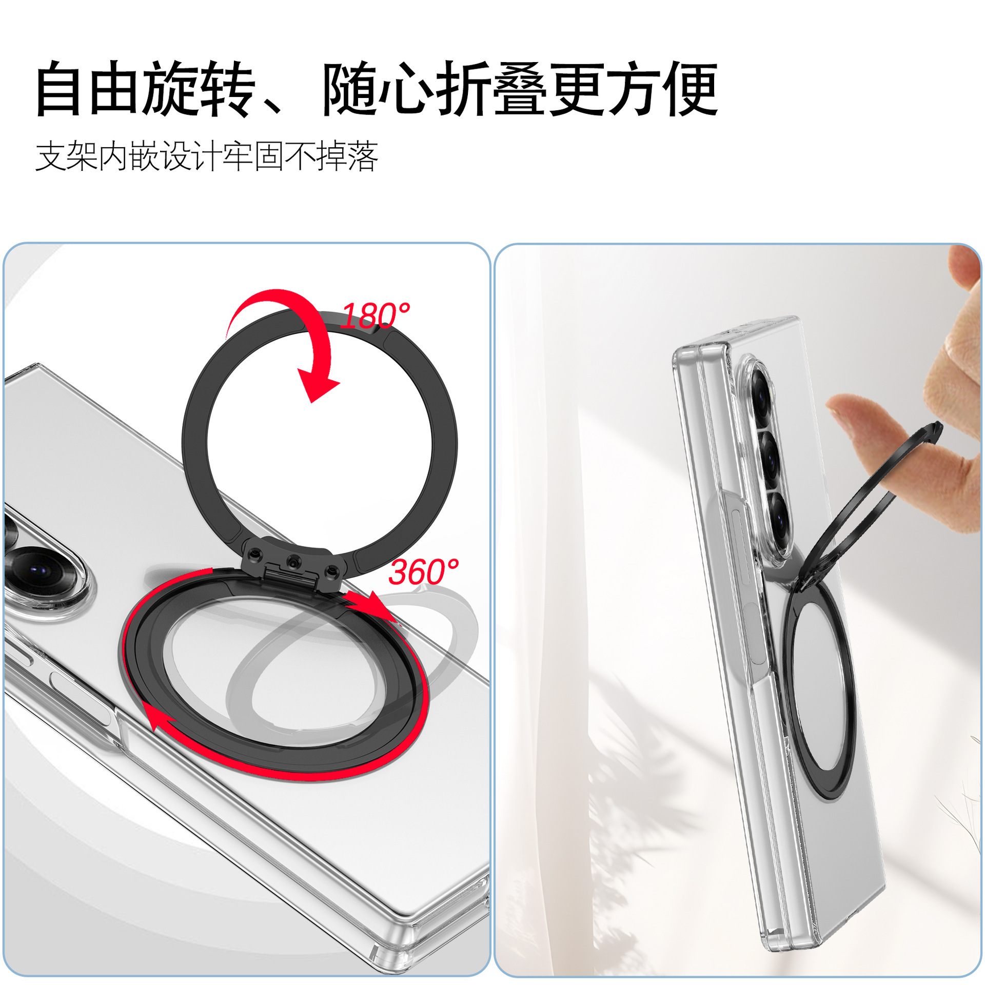 Compatible with Samsung Z Fold 8/7 transparent phone case 6/5/4 magnetic rotating ring holder drop protection case