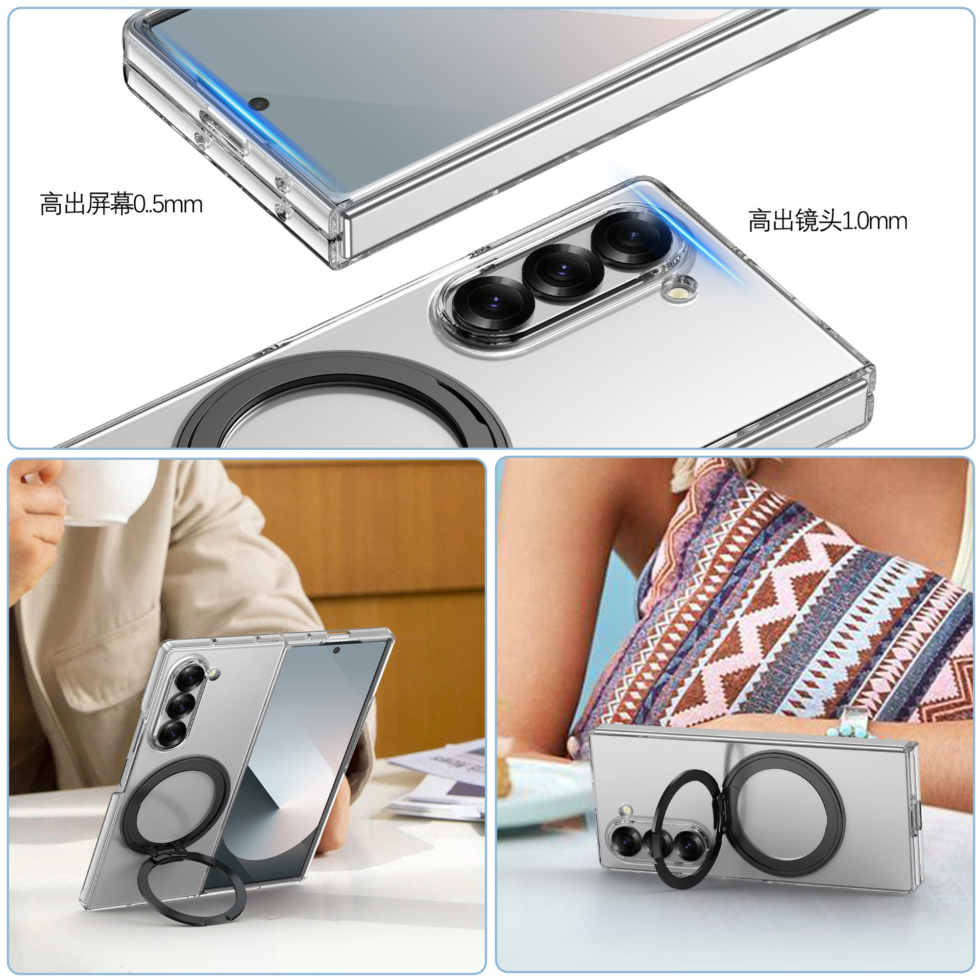 Compatible with Samsung Z Fold 8/7 transparent phone case 6/5/4 magnetic rotating ring holder drop protection case