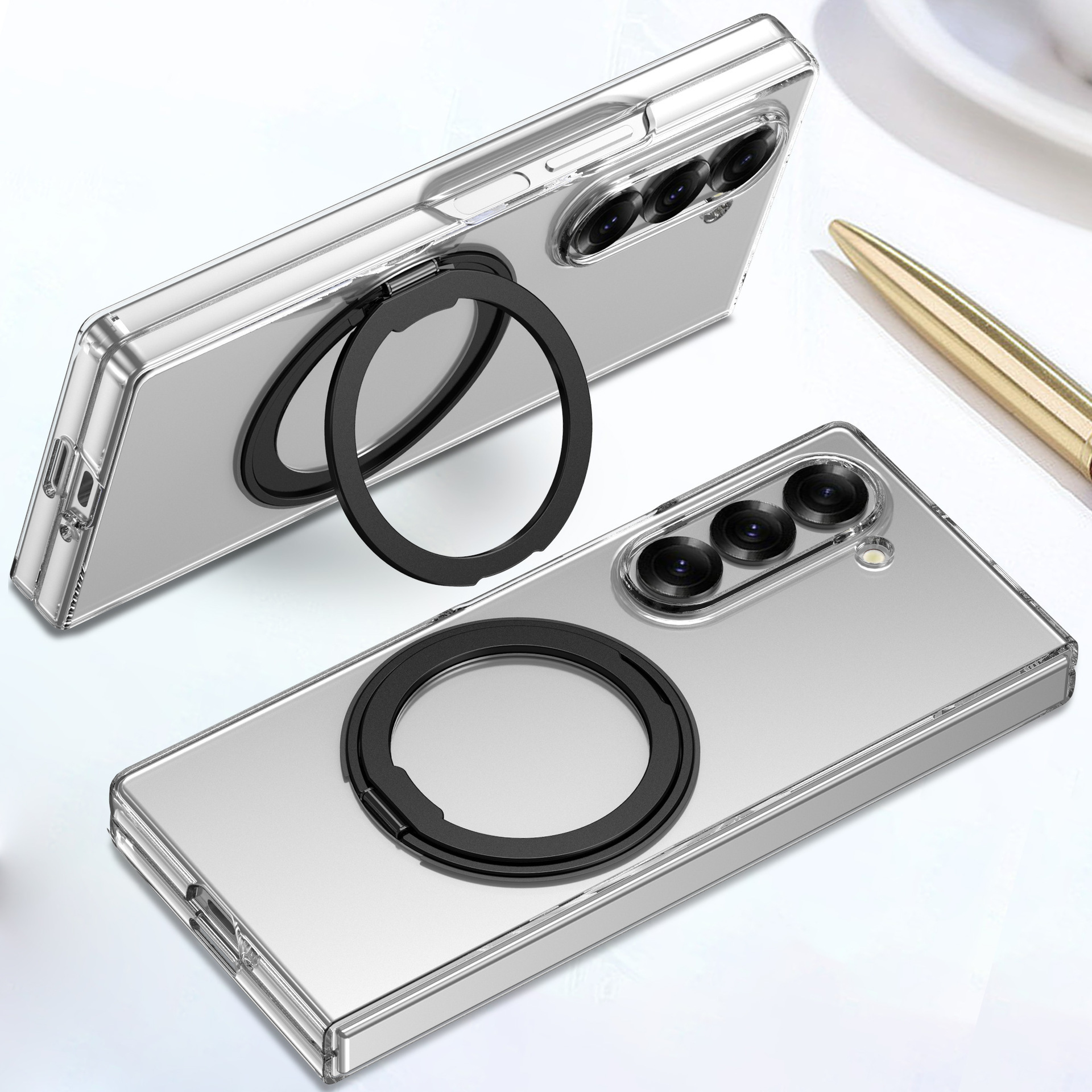 Compatible with Samsung Z Fold 8/7 transparent phone case 6/5/4 magnetic rotating ring holder drop protection case