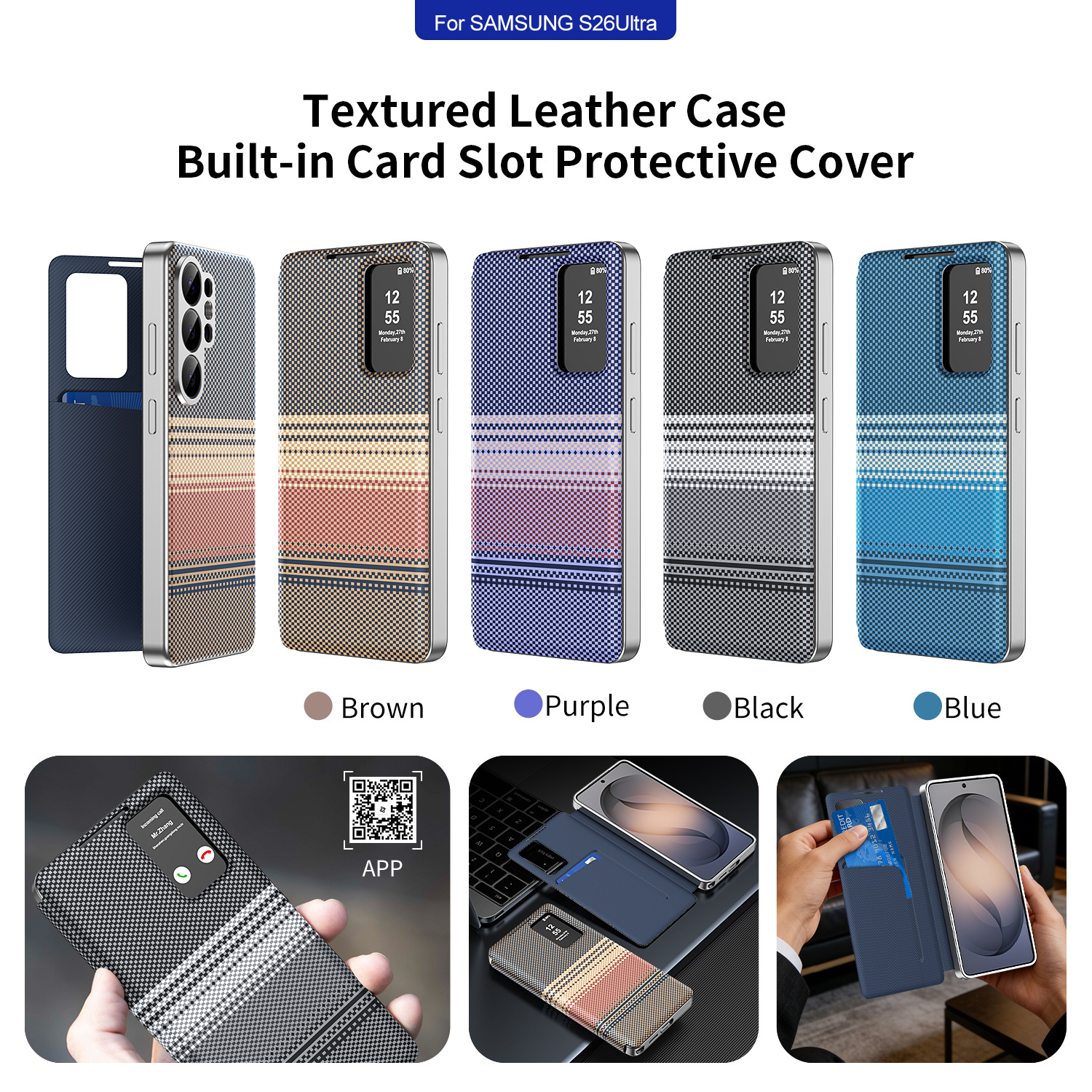 Compatible with Samsung S26 Ultra phone case A57, Smart Window S25P, SIM card slot S24U, vegan leather flip case A36