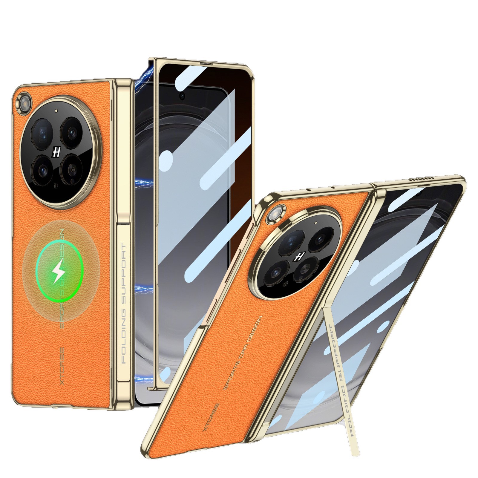 Compatible with OPPO Find N6 phone case, vegan leather, electroplated side stand, wireless charging, magnetic hinge, protective film.