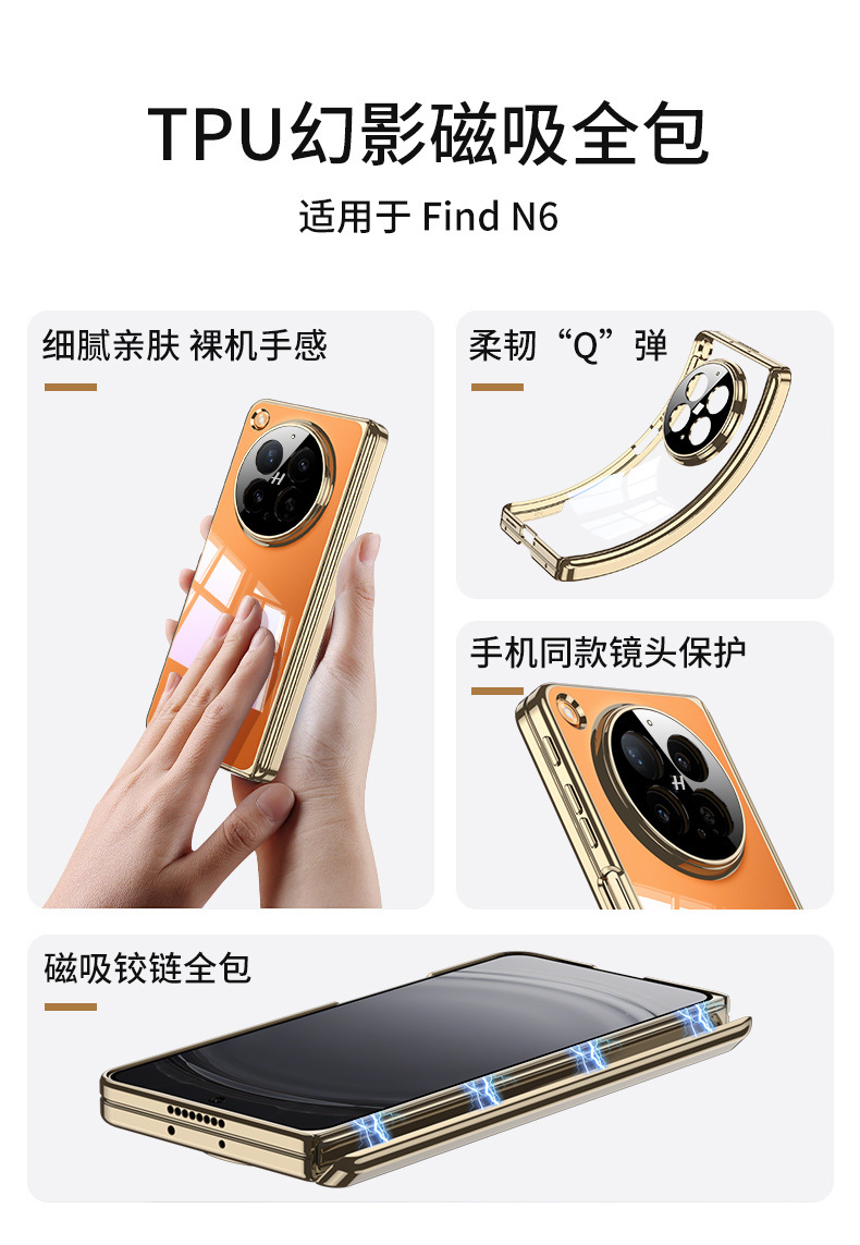 Compatible with OPPO Find N6 phone case, TPU transparent electroplated magnetic hinge, N6 foldable screen drop protection case