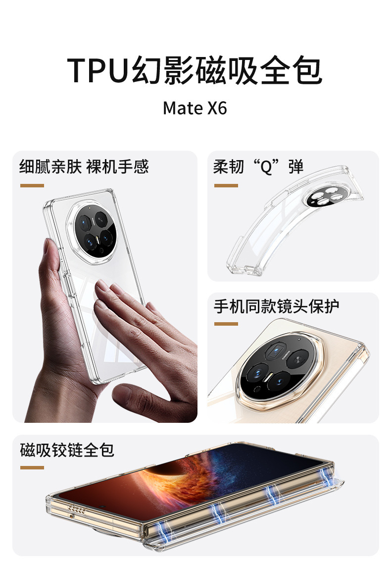 Compatible with Honor Magic V6 phone case, electroplated transparent TPU magnetic central axis V6 folding screen drop-proof back cover
