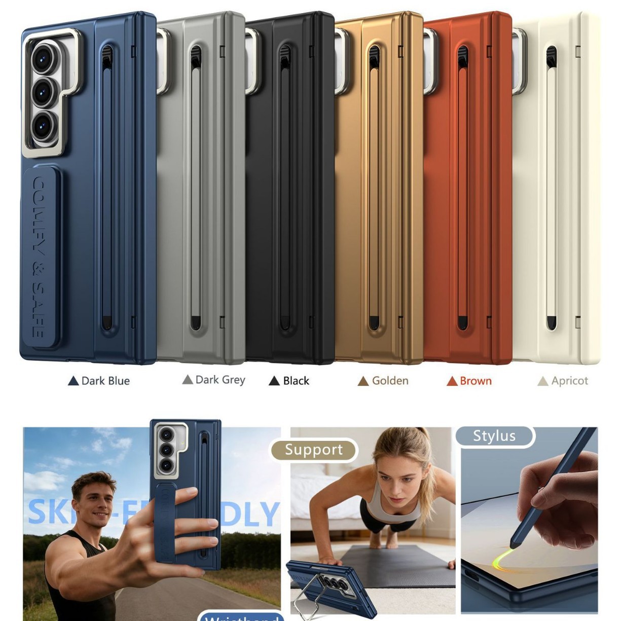 Compatible with Samsung Z Fold8/7/6 phone case, lens holder, 5/4/3 inches, pen wrist strap, full-coverage protective case.