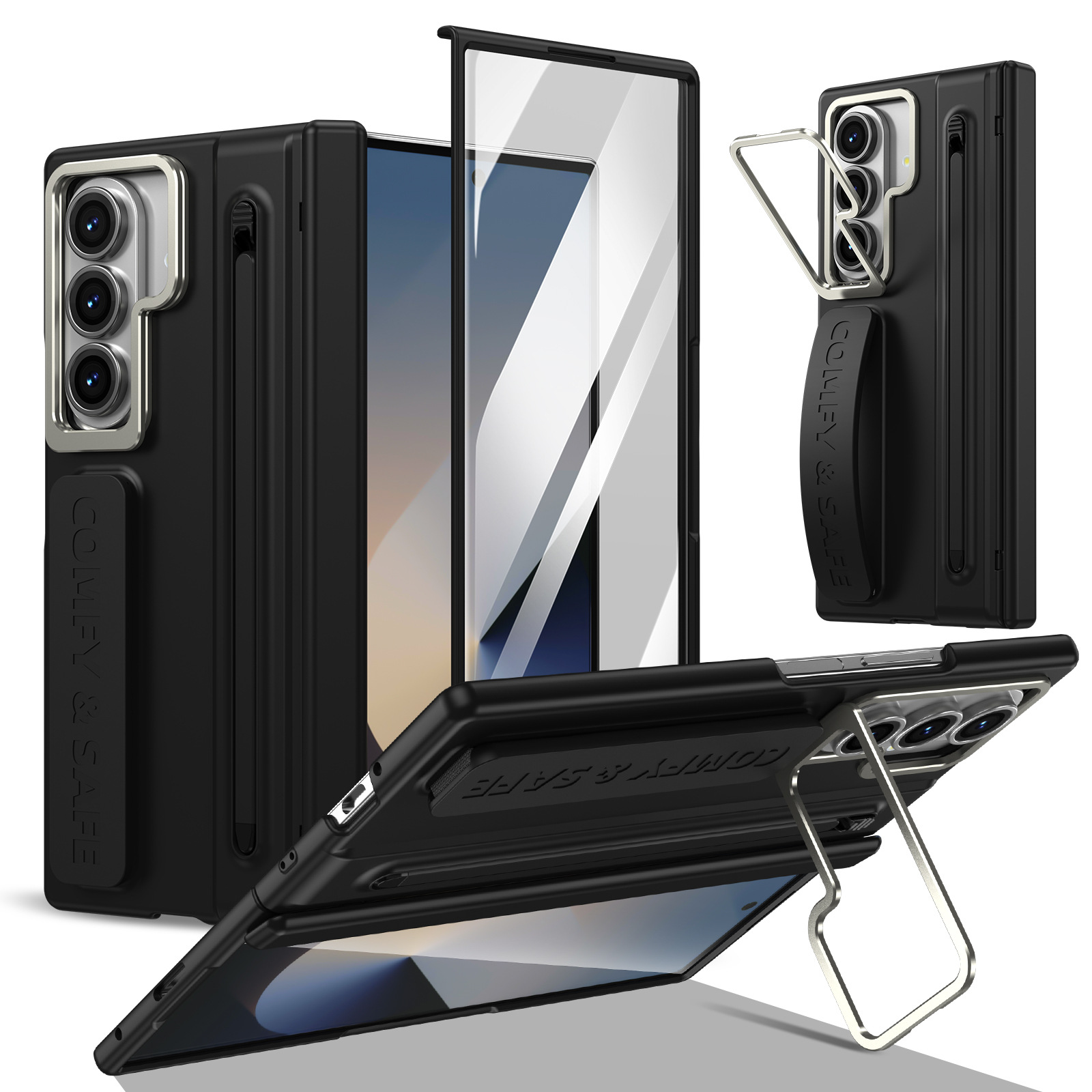 Compatible with Samsung Z Fold8/7/6 phone case, lens holder, 5/4/3 inches, pen wrist strap, full-coverage protective case.
