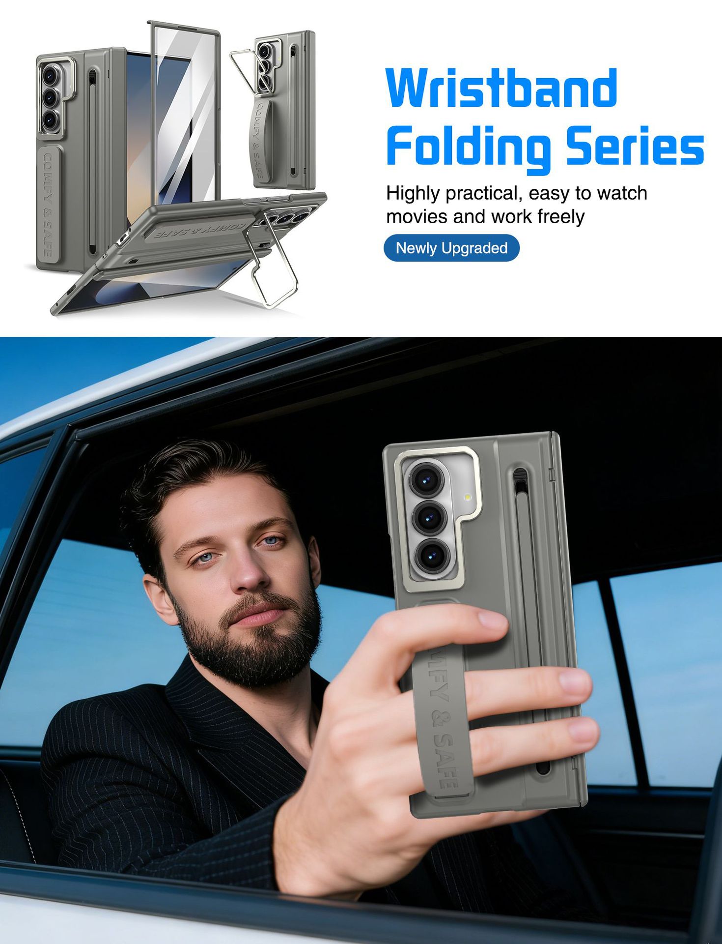 Compatible with Samsung Z Fold8/7/6 phone case, lens holder, 5/4/3 inches, pen wrist strap, full-coverage protective case.