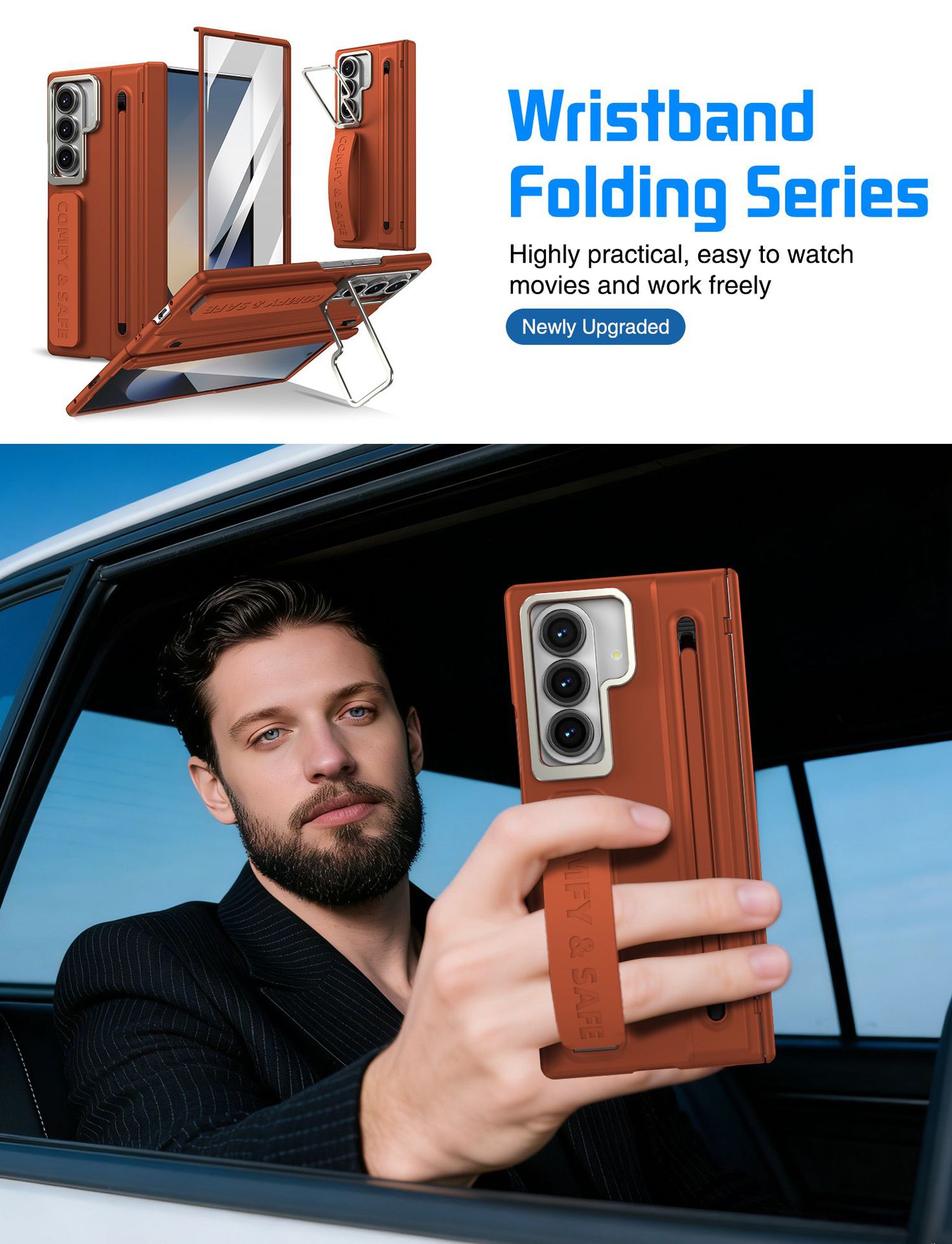 Compatible with Samsung Z Fold8/7/6 phone case, lens holder, 5/4/3 inches, pen wrist strap, full-coverage protective case.