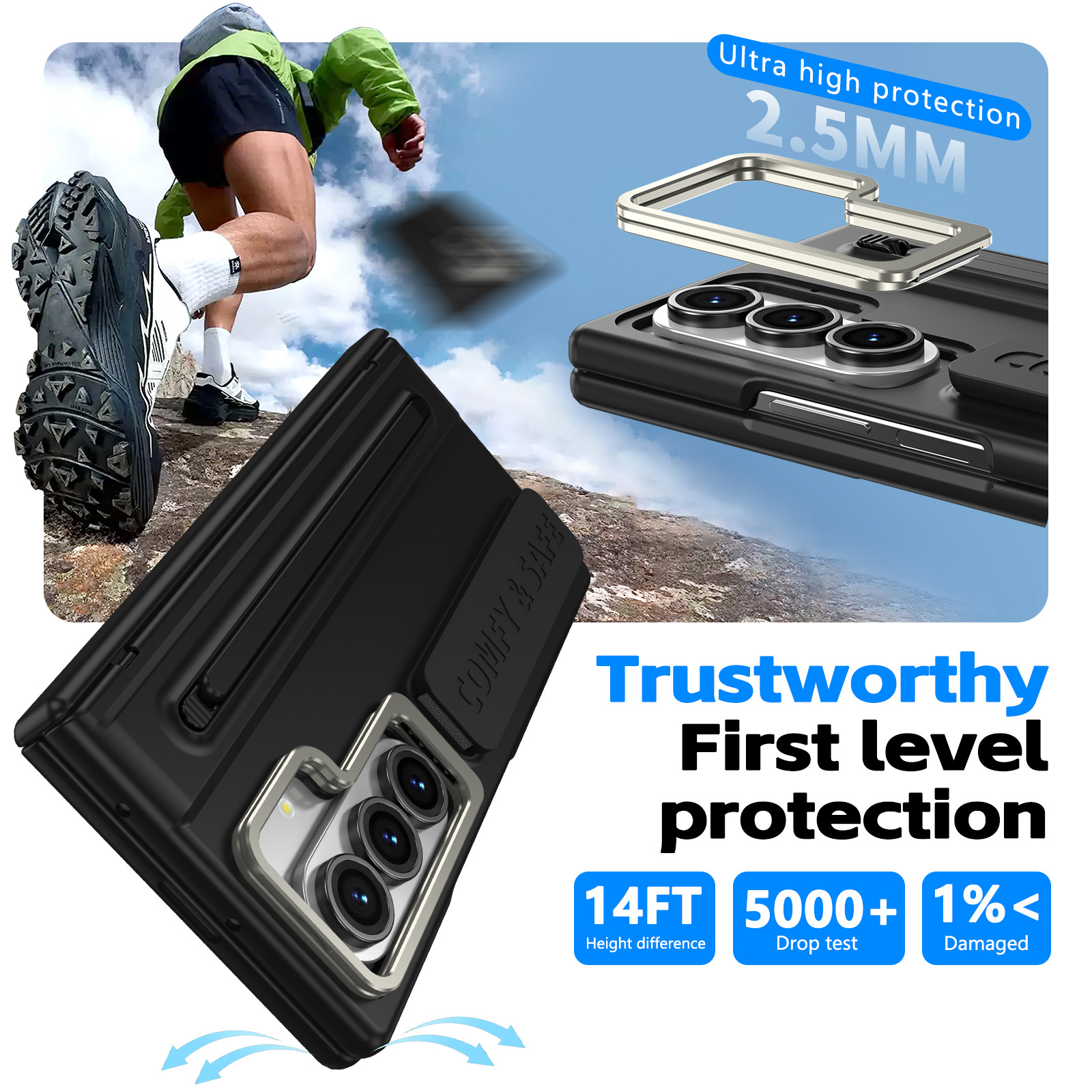 Compatible with Samsung Z Fold8/7/6 phone case, lens holder, 5/4/3 inches, pen wrist strap, full-coverage protective case.