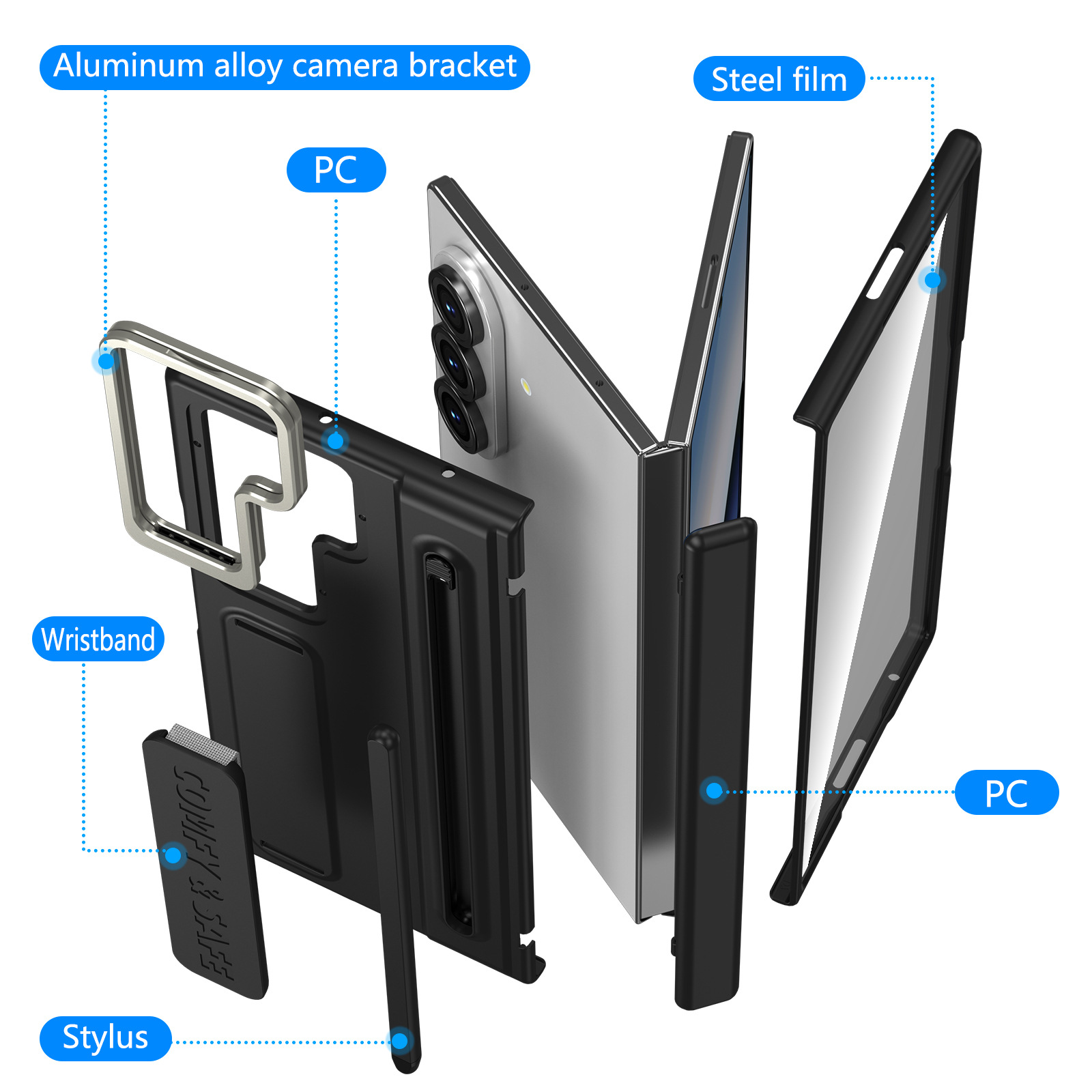 Compatible with Samsung Z Fold8/7/6 phone case, lens holder, 5/4/3 inches, pen wrist strap, full-coverage protective case.