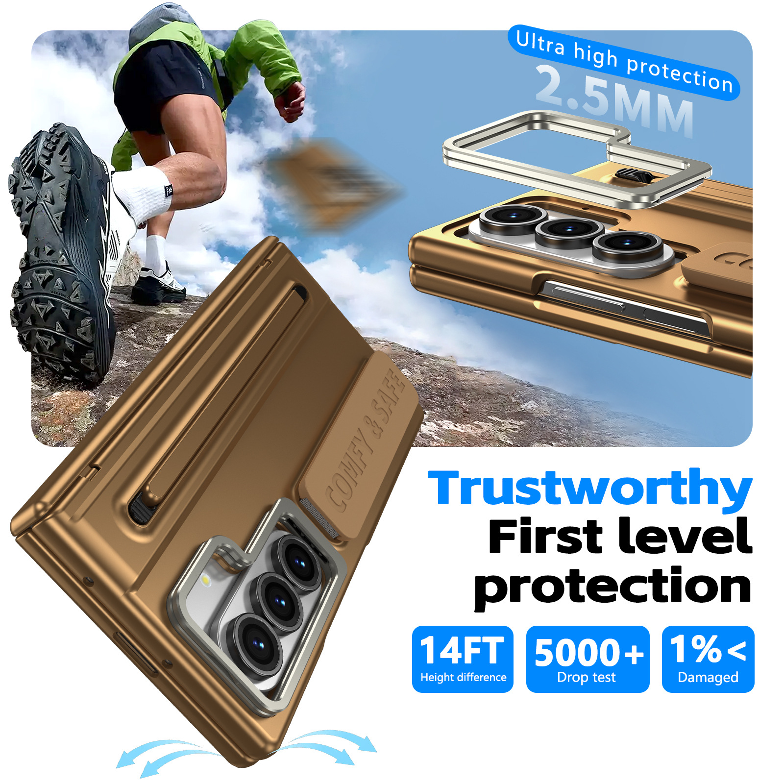 Compatible with Samsung Z Fold8/7/6 phone case, lens holder, 5/4/3 inches, pen wrist strap, full-coverage protective case.