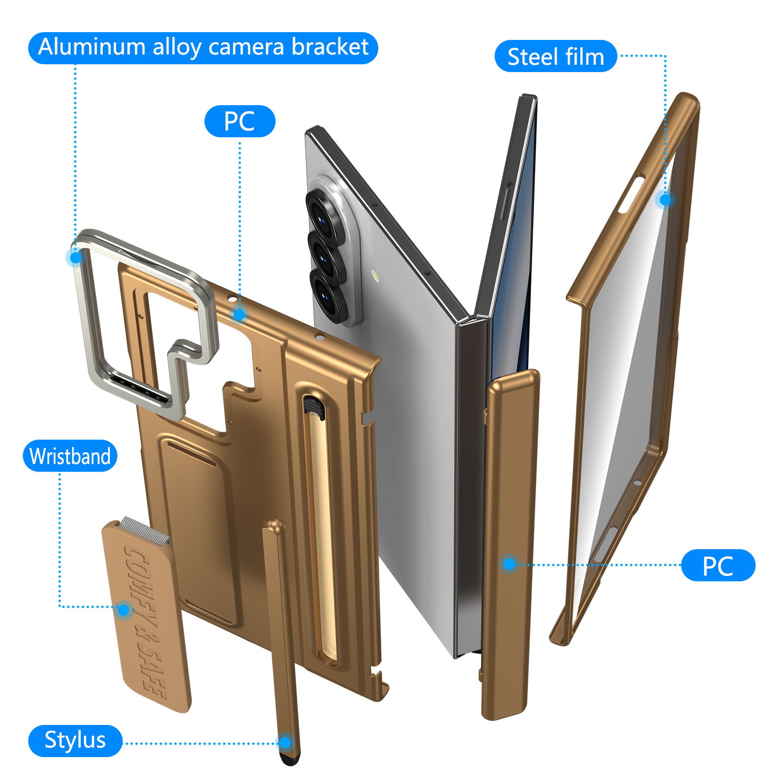 Compatible with Samsung Z Fold8/7/6 phone case, lens holder, 5/4/3 inches, pen wrist strap, full-coverage protective case.