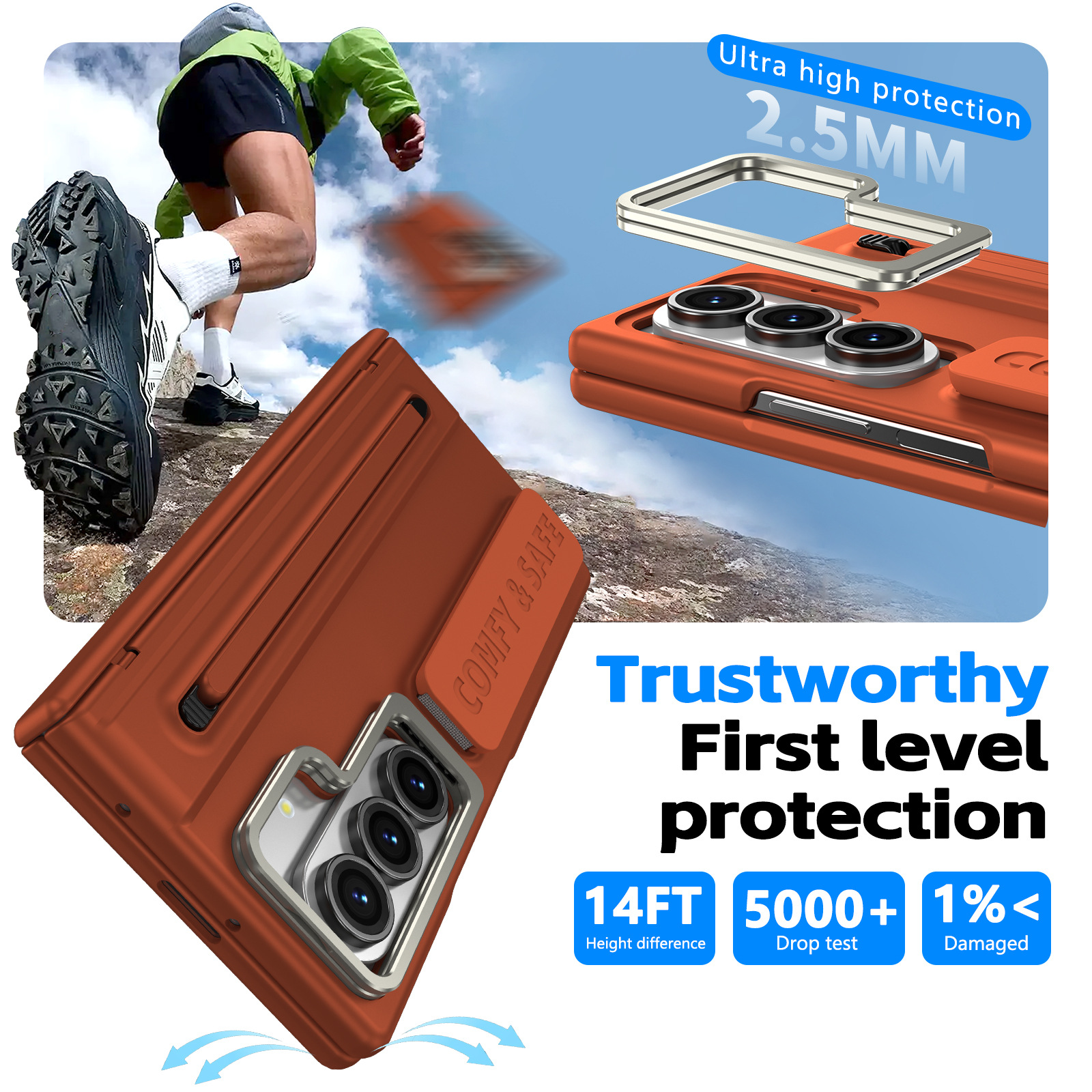 Compatible with Samsung Z Fold8/7/6 phone case, lens holder, 5/4/3 inches, pen wrist strap, full-coverage protective case.