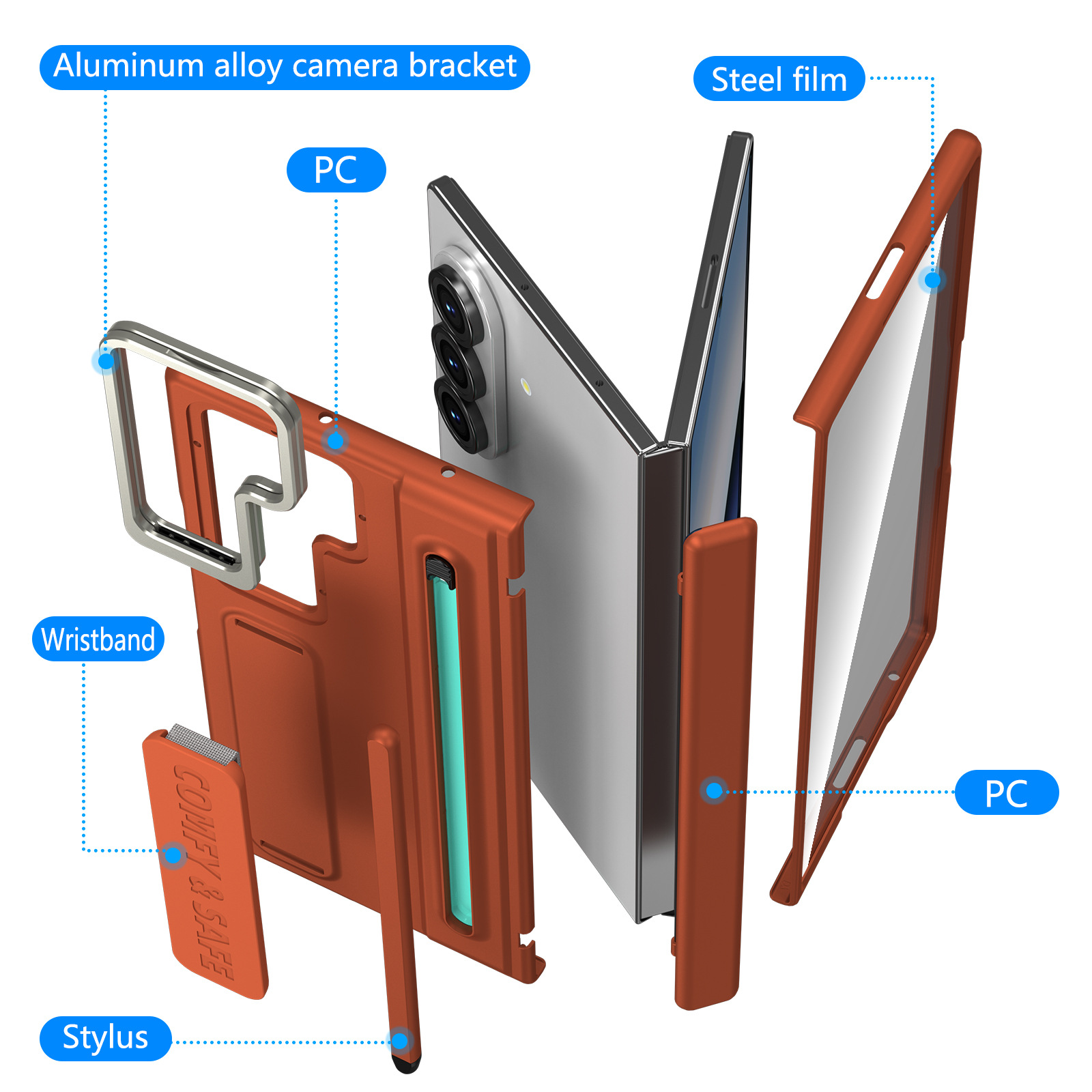 Compatible with Samsung Z Fold8/7/6 phone case, lens holder, 5/4/3 inches, pen wrist strap, full-coverage protective case.