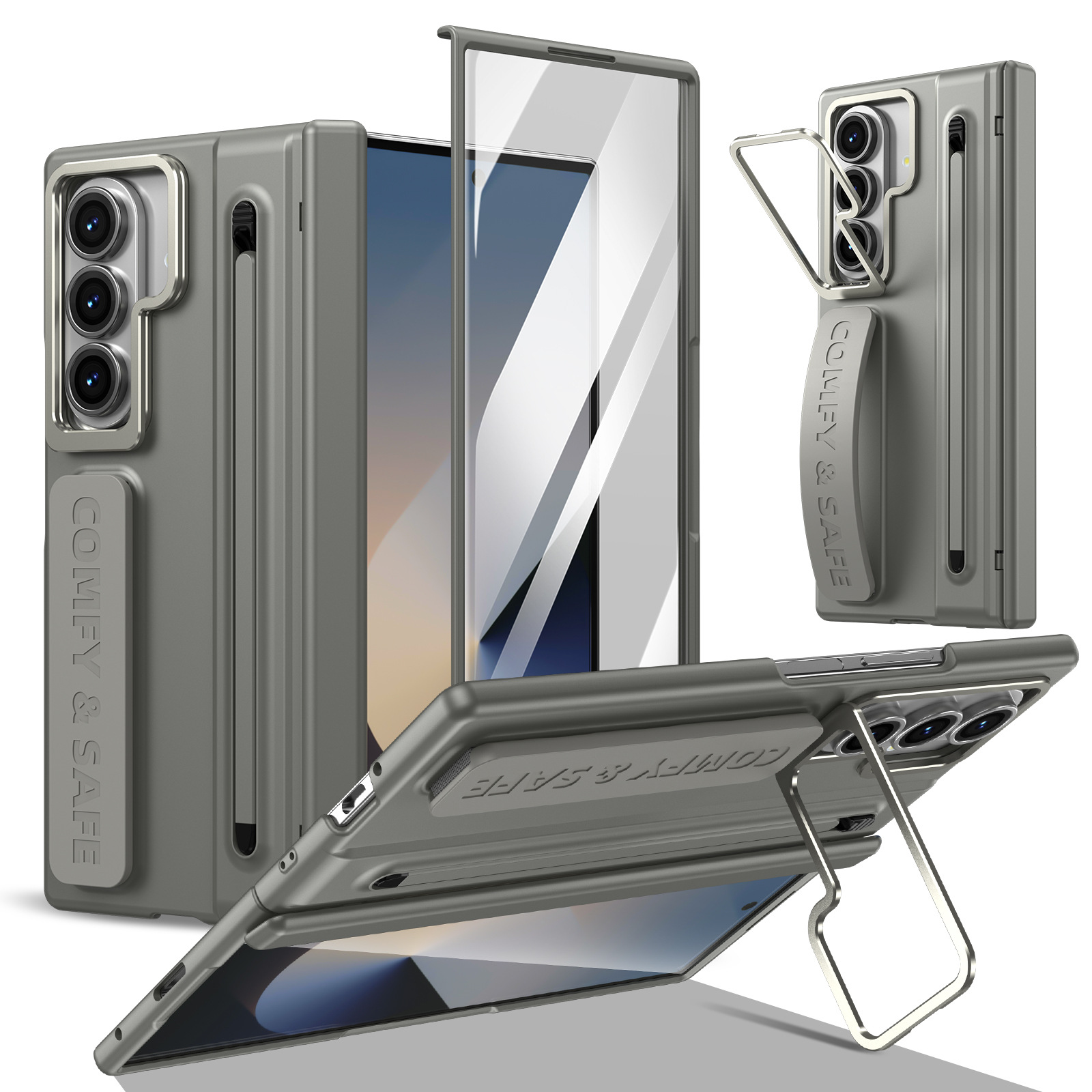 Compatible with Samsung Z Fold8/7/6 phone case, lens holder, 5/4/3 inches, pen wrist strap, full-coverage protective case.