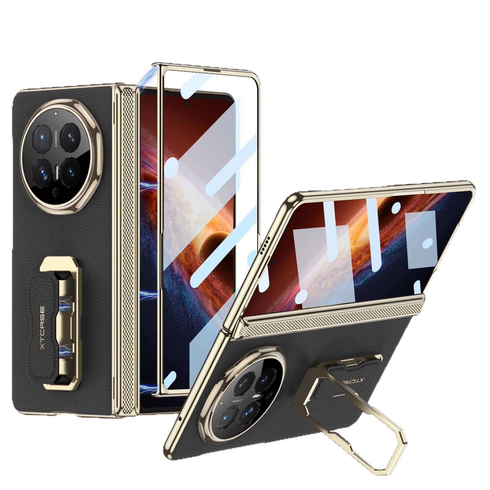 Compatible with Honor Magci V6 phone case, vegan leather wrist strap, rotating stand, magnetic central axis case, full-coverage protective case