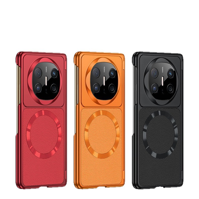 Compatible with Huawei Mate X6 phone case, vegan leather, X5 wireless charging, magnetic closure, dual central axis, instantly transforms into an iPhone 17 protective case.